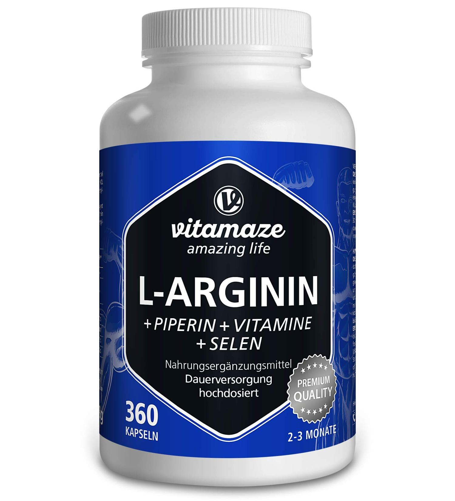 L-Arginine Capsules High Dose - 360 Count | Pre-Workout Supplement with B6 B12 Folic Acid Selenium & Piperine - Made in Germany | Pure & Natural Energy Boost - Buy Online on GoSupps.com