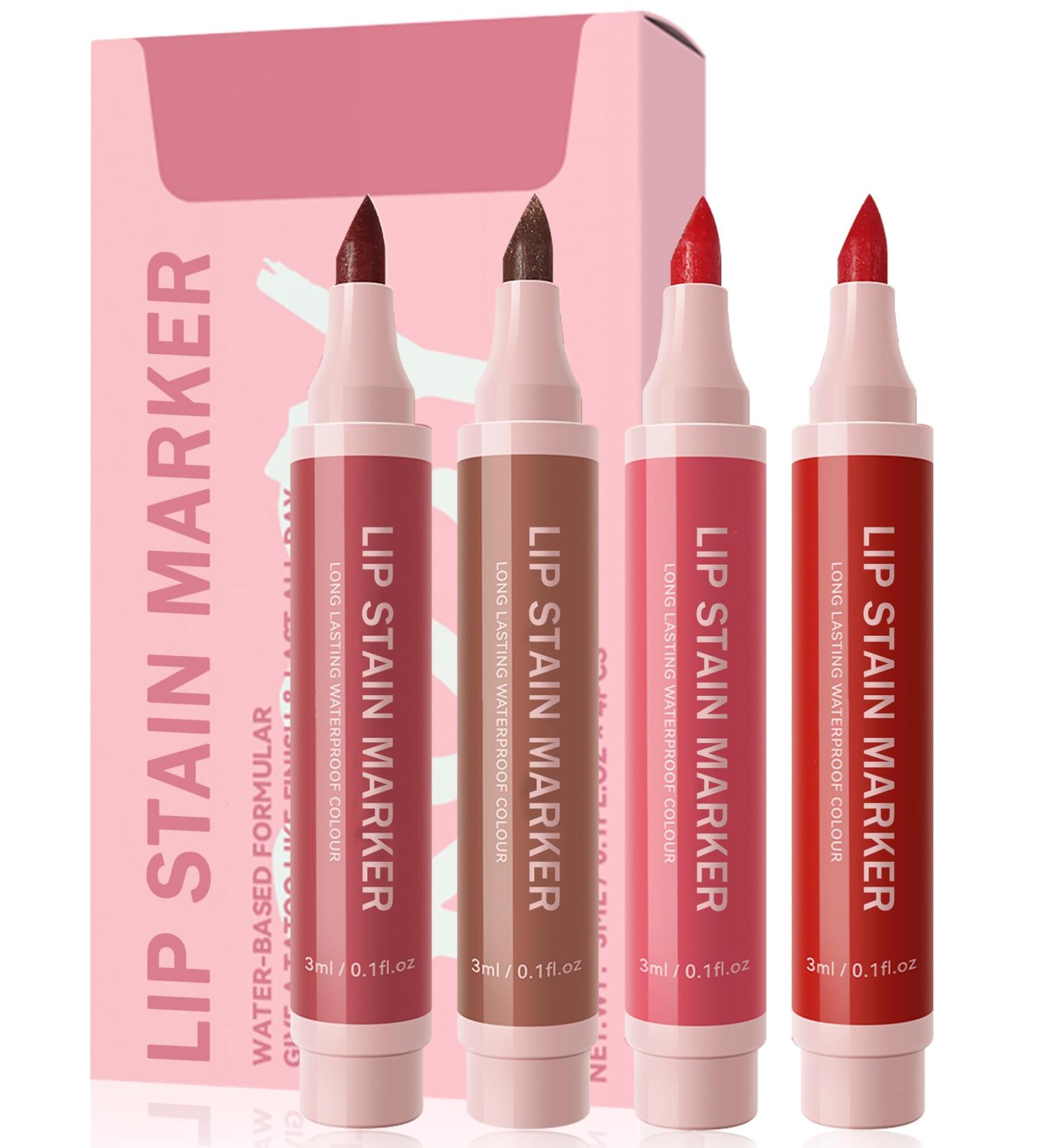 Lip Stain Marker Pen Set-4 Colors Hydrating Lip Stain Liquid Lip Liner Pencil Kit Matte Color Look Longlasting Waterproof Smudgeproof Natural Finish Precise Chisel Tip Smooth Makeup Gift for Women 4Pcs# - Buy Online on GoSupps.com