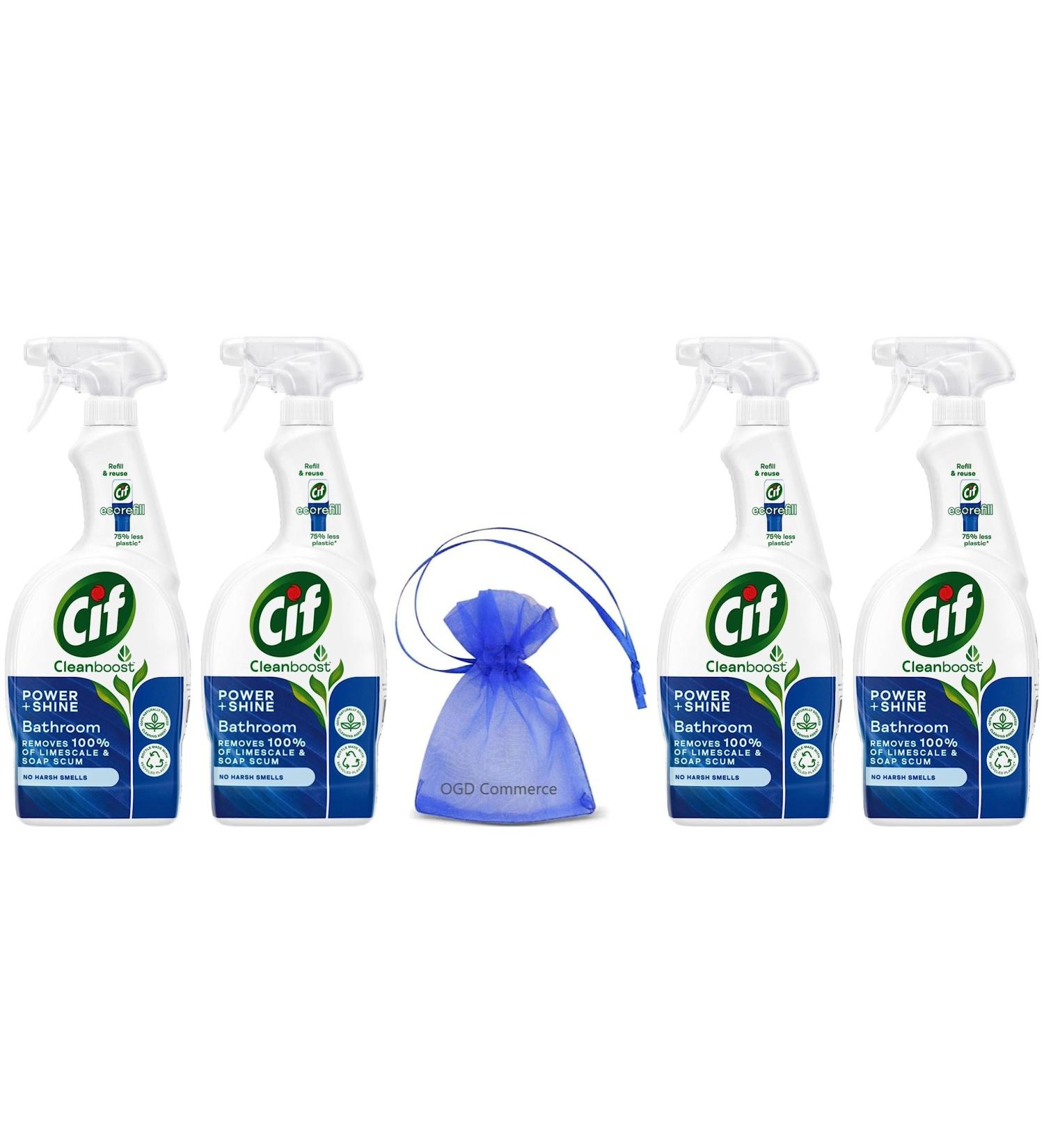 Cif Cleanboost Power + Shine Bathroom Cleaner Spray 700ml Removes Limescale & Soap Scum with Naturally Derived Cleaning Agent & No Harsh Smells Pack of 4 + Gift for You: Organza Small Bag - Buy Online on GoSupps.com