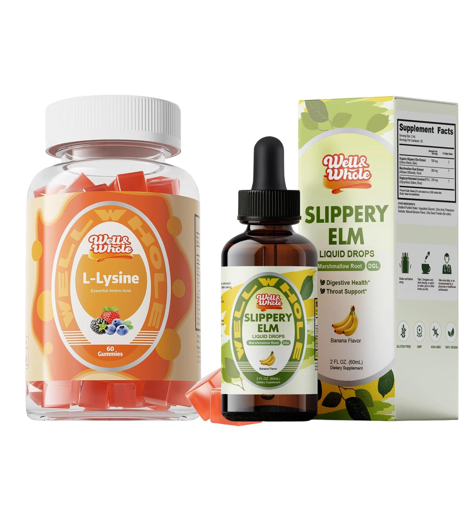 Well&Whole L-Lysine Gummies 1000mg - L-Lysine Supplements for Kids and Adults Slippery Elm Liquid Drops Marshmallow Root - Buy Online on GoSupps.com