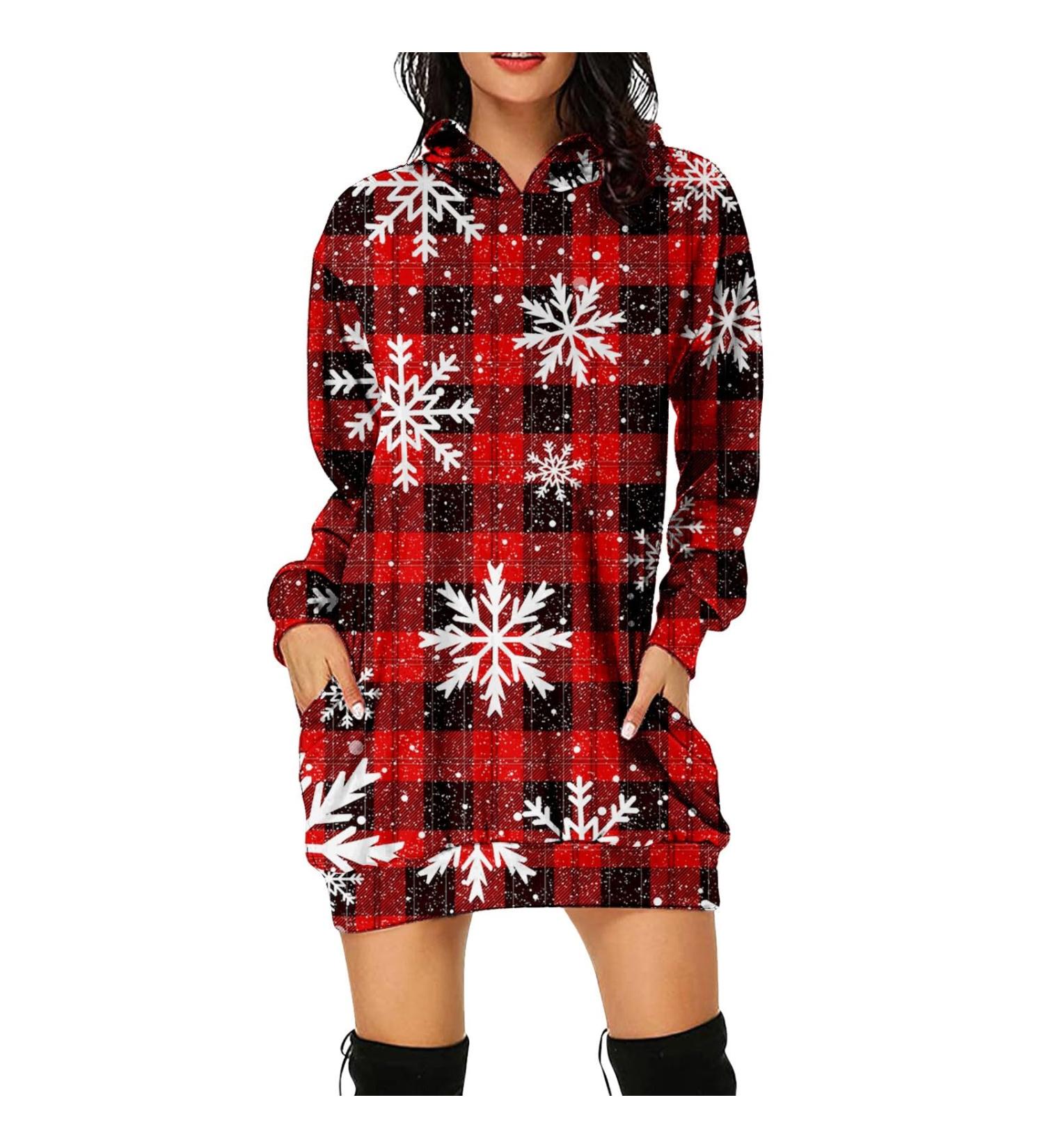 Women's Christmas Print Long-Sleeved Hoodie Dress - Oversized Red Sweatshirt with Pocket - Buy Online on GoSupps.com