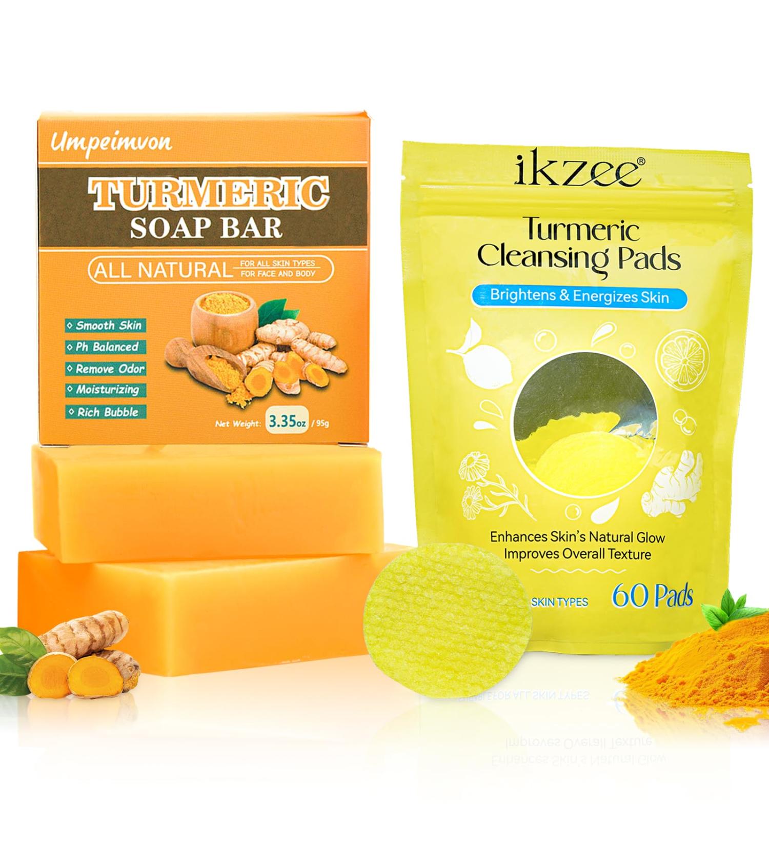 2 Pack Turmeric Soap Bar & Exfoliating Pads - Cleanse & Moisturize Acne Scars | Vitamin B5 & Lemon Infused - Buy Online on GoSupps.com