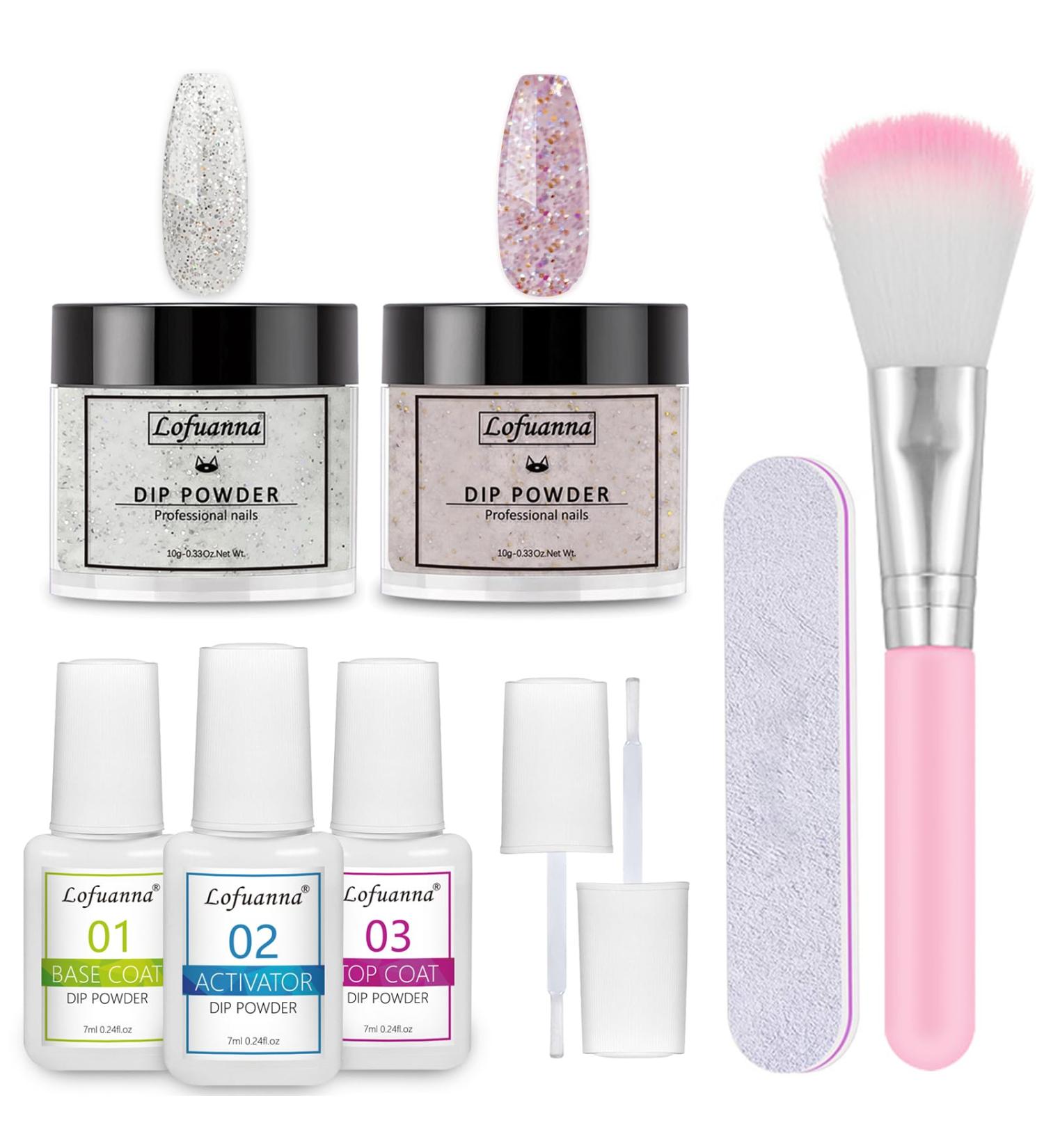 Lofuanna Dip Powder Nail Starter Kit - Glitter Set | 9Pcs Dip Powder Set for DIY French Nail Art Manicure | Base Top Coat Activator Included | No UV/LED Needed | Beginners Friendly - Buy Online on GoSupps.com