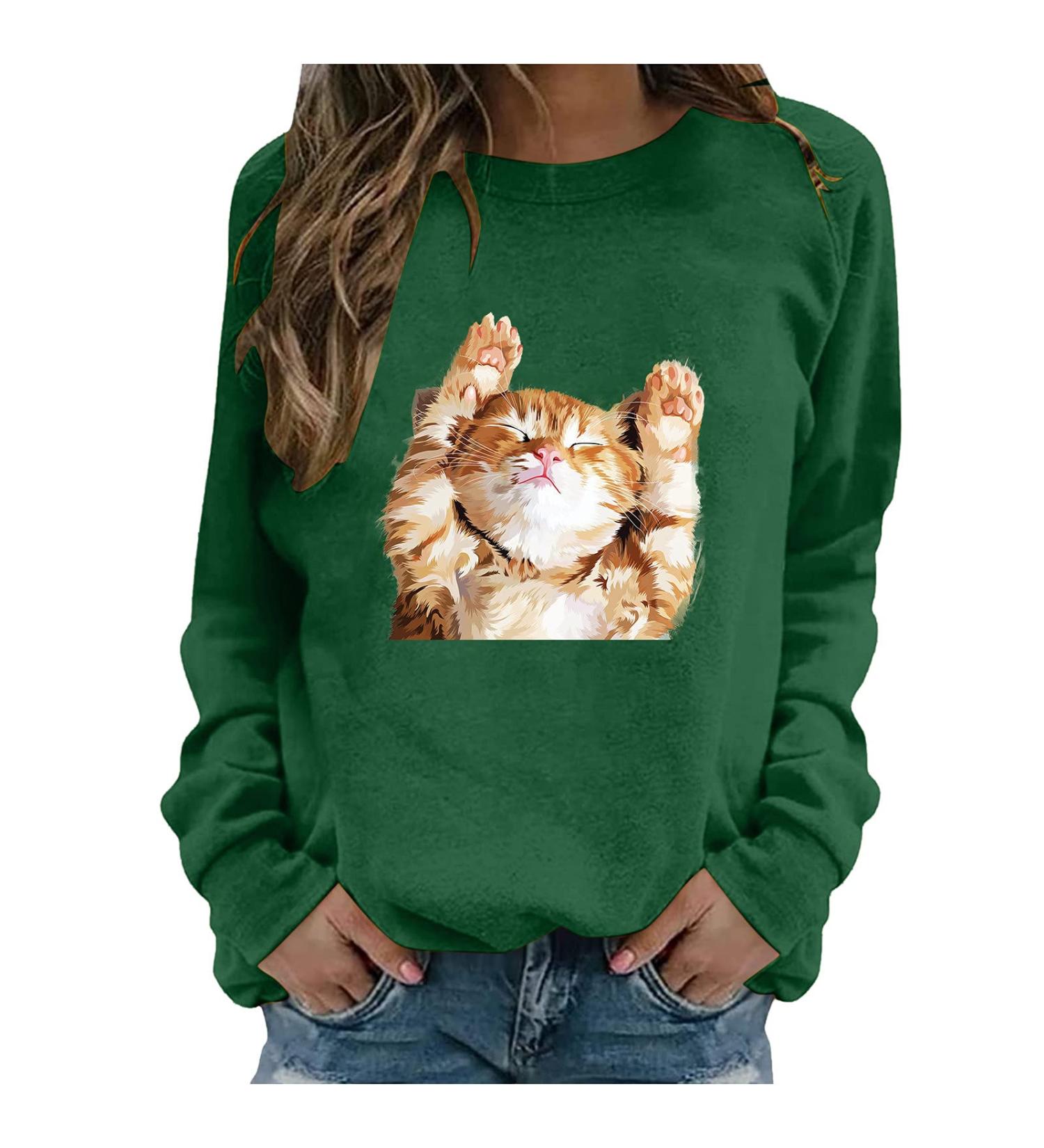 Women's Long Sleeve Cute Cat Printed Sweatshirt - Green (XL) - Buy Online on GoSupps.com