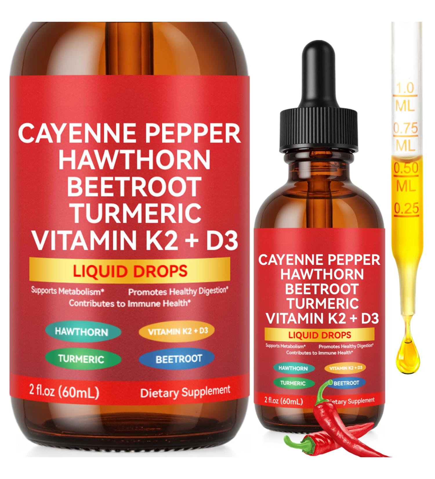 Cayenne Pepper Drops 60ml Cayenne Pepper Supplement for Digestion Circulatory Heath Support Boosts Metabolism with Hawthorn Vitamin K2 D3 Beet Root Turmeric-2 Fl Oz - Buy Online on GoSupps.com
