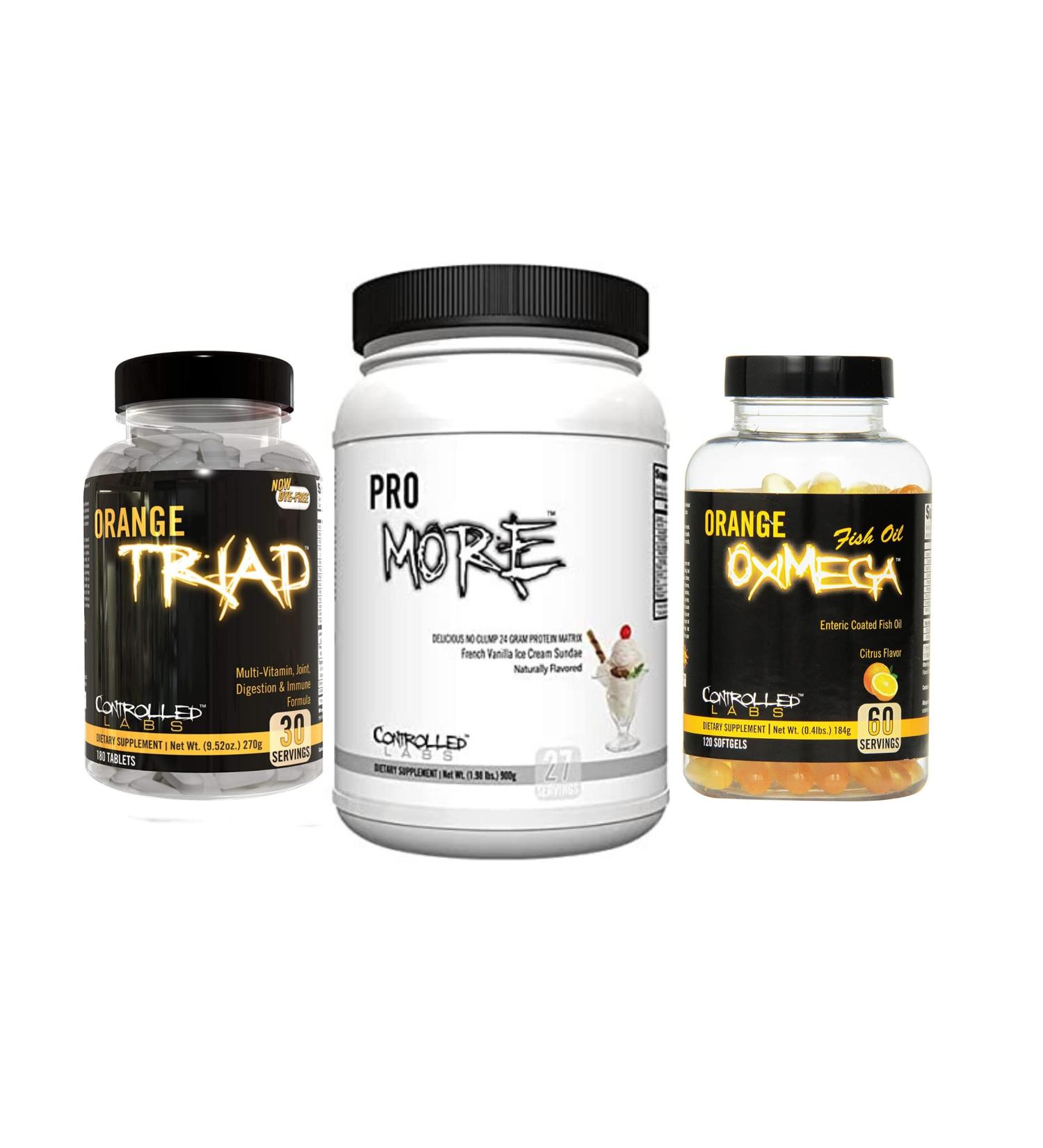 CONTROLLED LABS Bundle - Orange Triad (30 Serv), Orange Oximega Fish Oil (120 softgels), PROmore Protein (27 Serv) French Vanilla Ice Cream Sundae - Buy Online on GoSupps.com