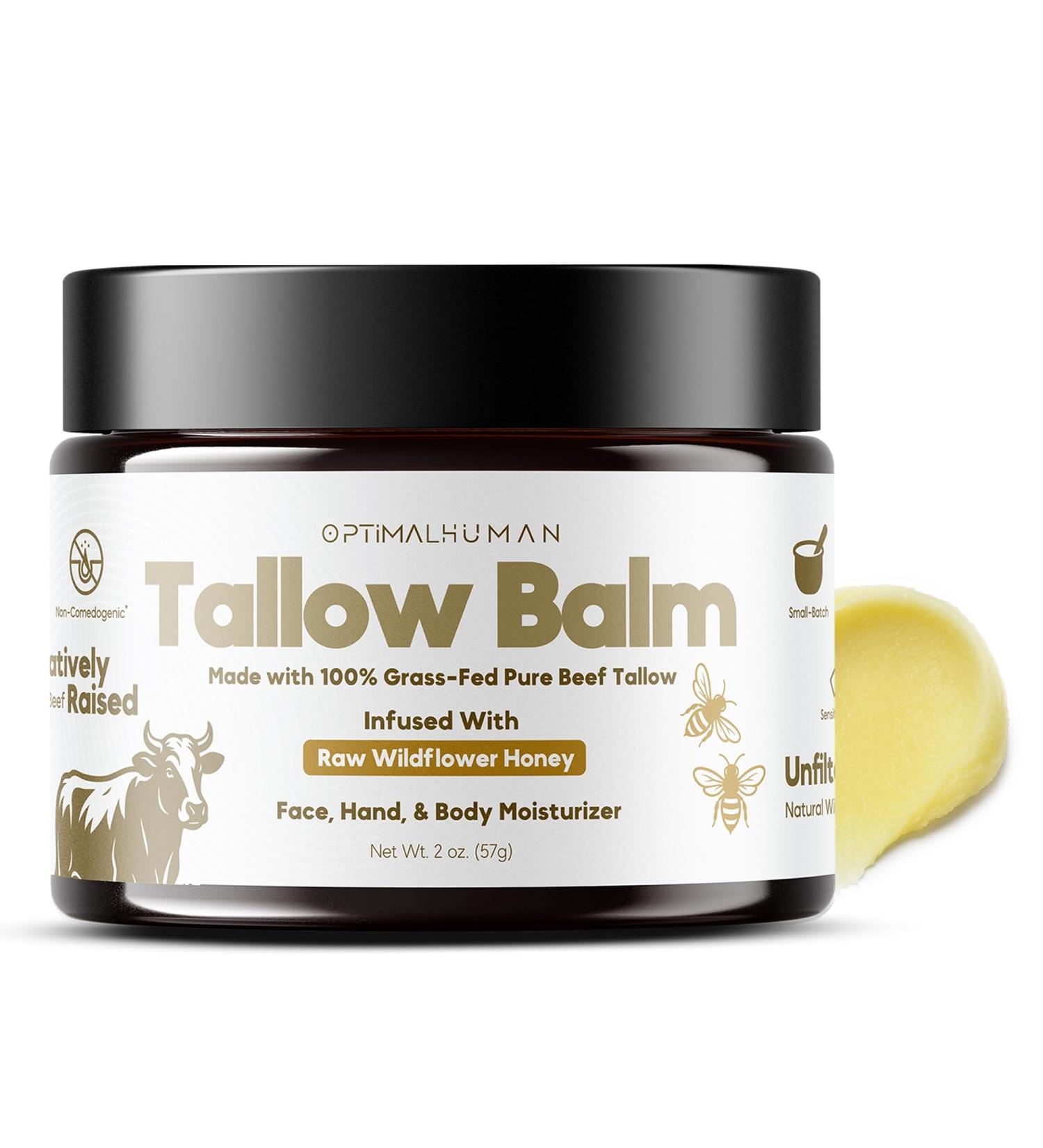 O H Optimal Human Raw Wildflower Honey Balm (2 Oz) 100% Grass-Fed Beef Tallow Balm - Body and Face Tallow Moisturizer - Non-Comedogenic Ultra-Clean Formula For Moisture and Hydration - Buy Online on GoSupps.com