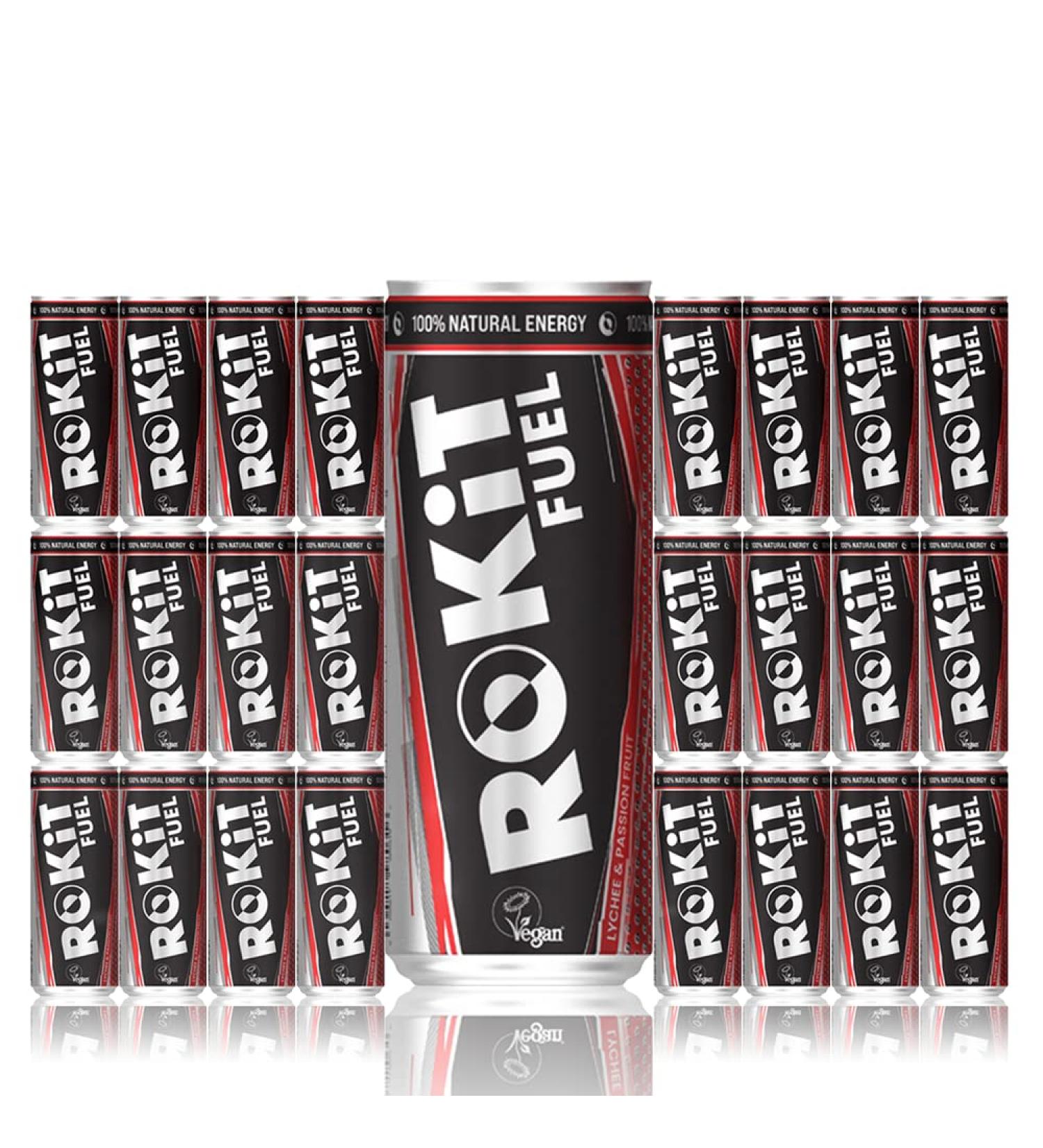 ROKiT Fuel Energy Drink Vegan Certified 100% natural ingredients Sustainable and natural energy lift low calorie zero fat and zero salt Lychee & Passion fruit flavoured Case of 24 x 250ml - Buy Online on GoSupps.com