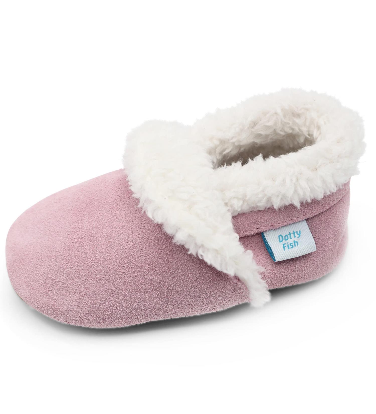 Dotty Fish Suede Baby Slippers | Warm Fleece Lined Toddler Shoes | Non-Slip Soft Sole for Boys and Girls | 0-6 Months to 5-6 Years | 12-18 Months Soft Pink - Buy Online on GoSupps.com