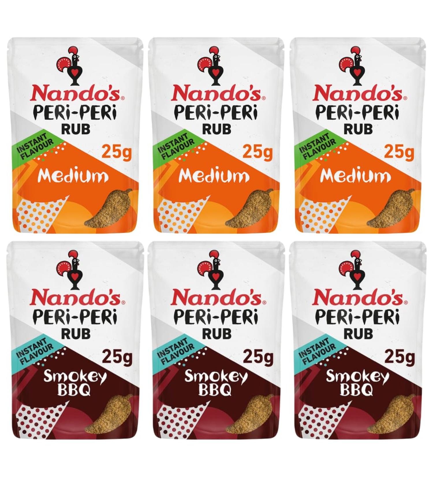 Peri Peri Marinade Bundle With Nando's Peri Peri BBQ Rub Medium 25g x3 & Nando's Peri Peri Rub Medium 25g x3 (6 Pack) - Buy Online on GoSupps.com
