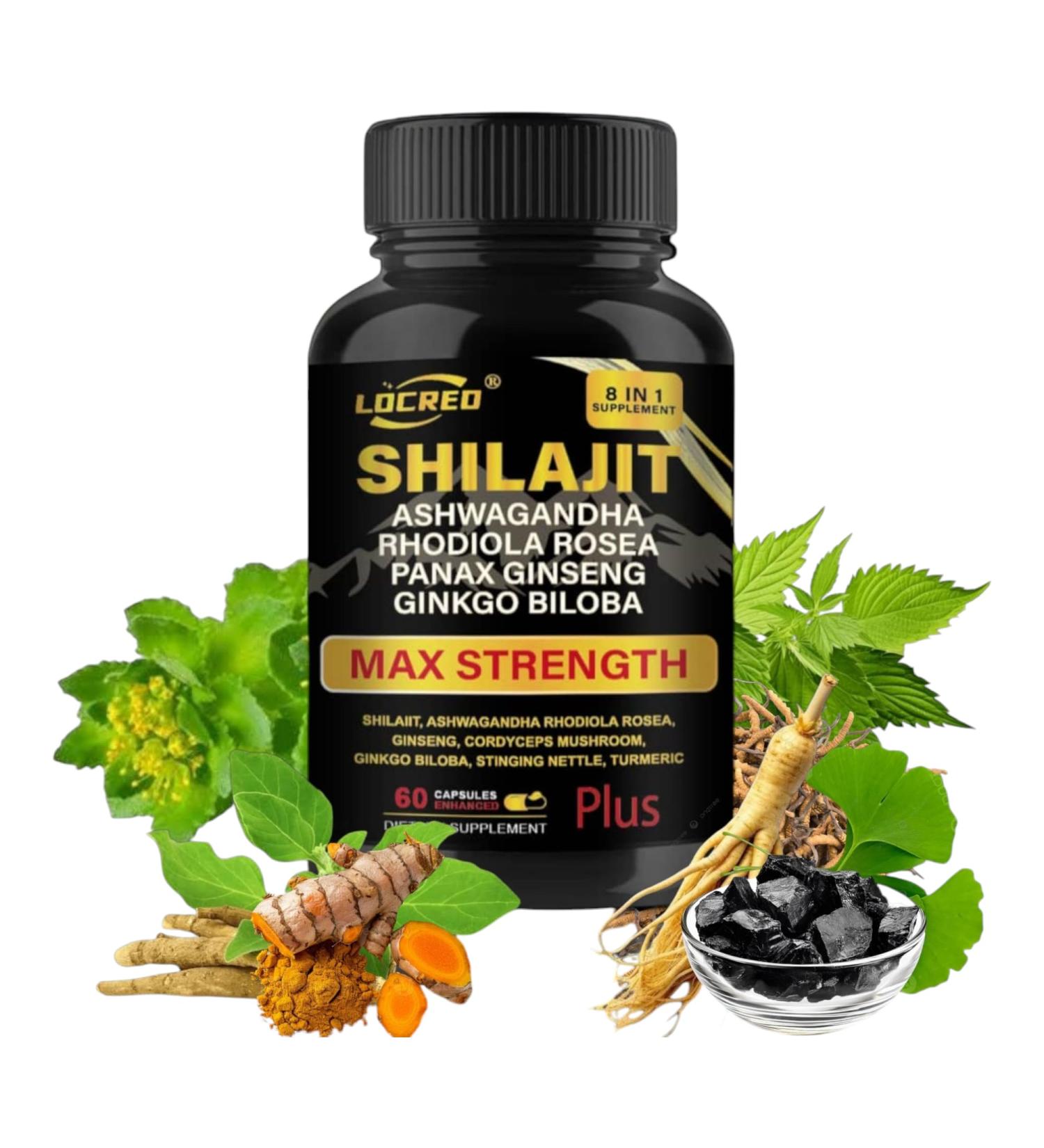 LOCRED Shilajit Capsules for Men & Women 8 in 1 with Shilajit 18000 mg Ashwagandha Ginseng Ginkgo Rhodiola Cordiceps Natural Energy & Stamina Supplement for Men 60 Capsules. - Buy Online on GoSupps.com