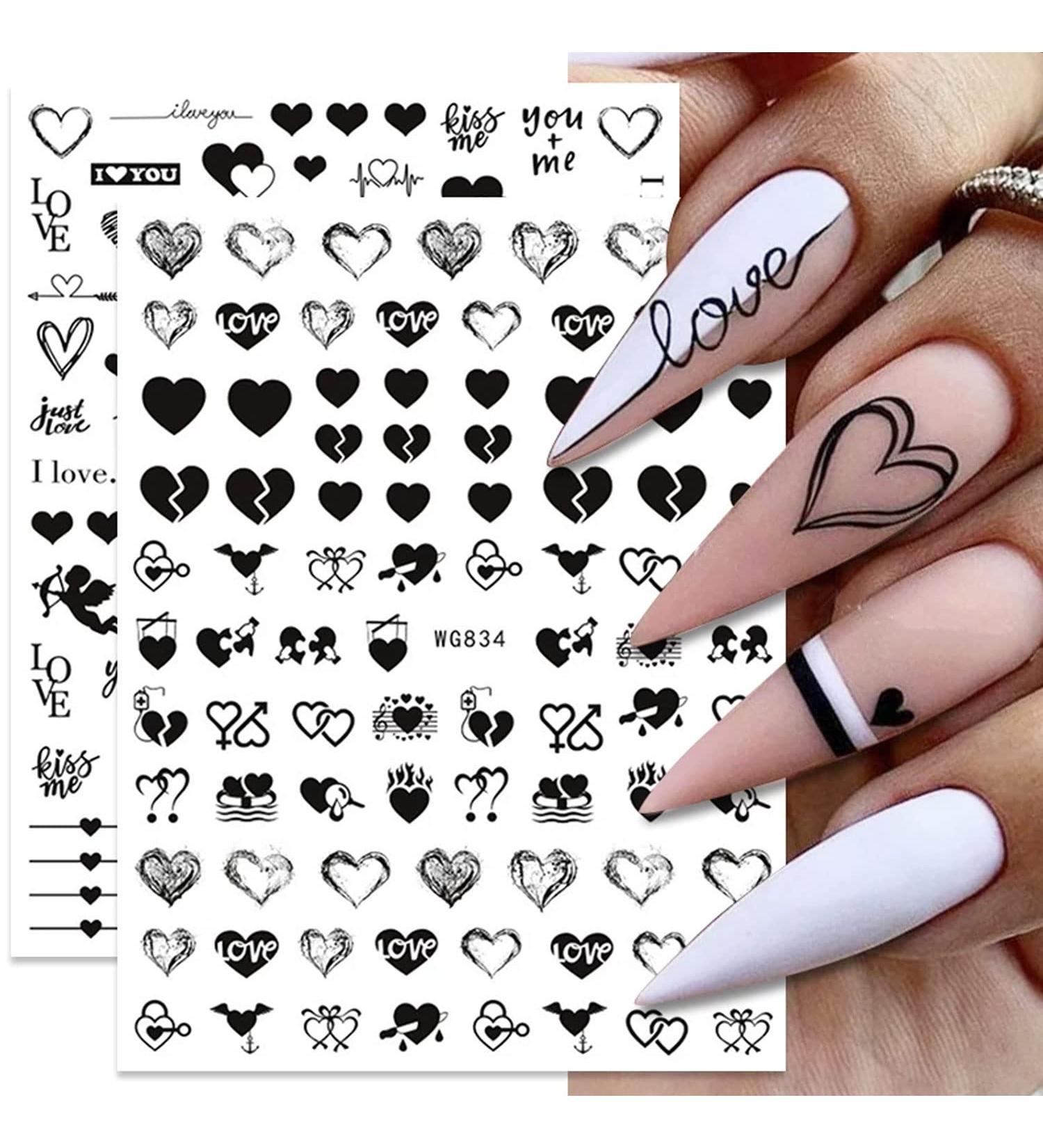 Valentines Day Nail Art Stickers Decals - Black Heart Love Lips 3D Self-Adhesive Slider Decals - 6 Sheets - Buy Online on GoSupps.com