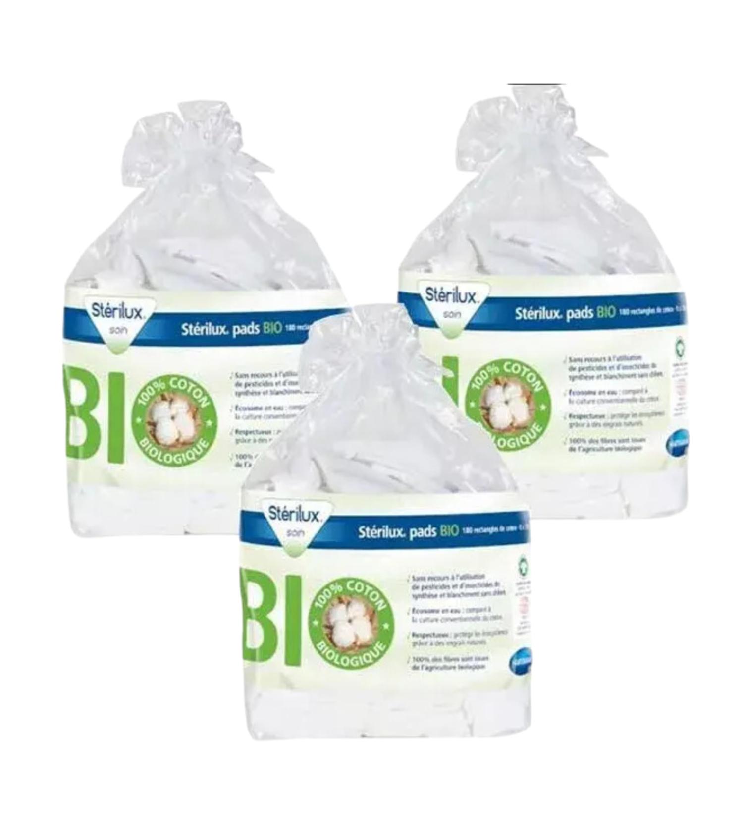 Stérilux Organic Rectangle Cotton Pads | Perfect for facial and skin hygiene care | Lint-free | 100% and Organic | Made in France | Pack of 3x160 units