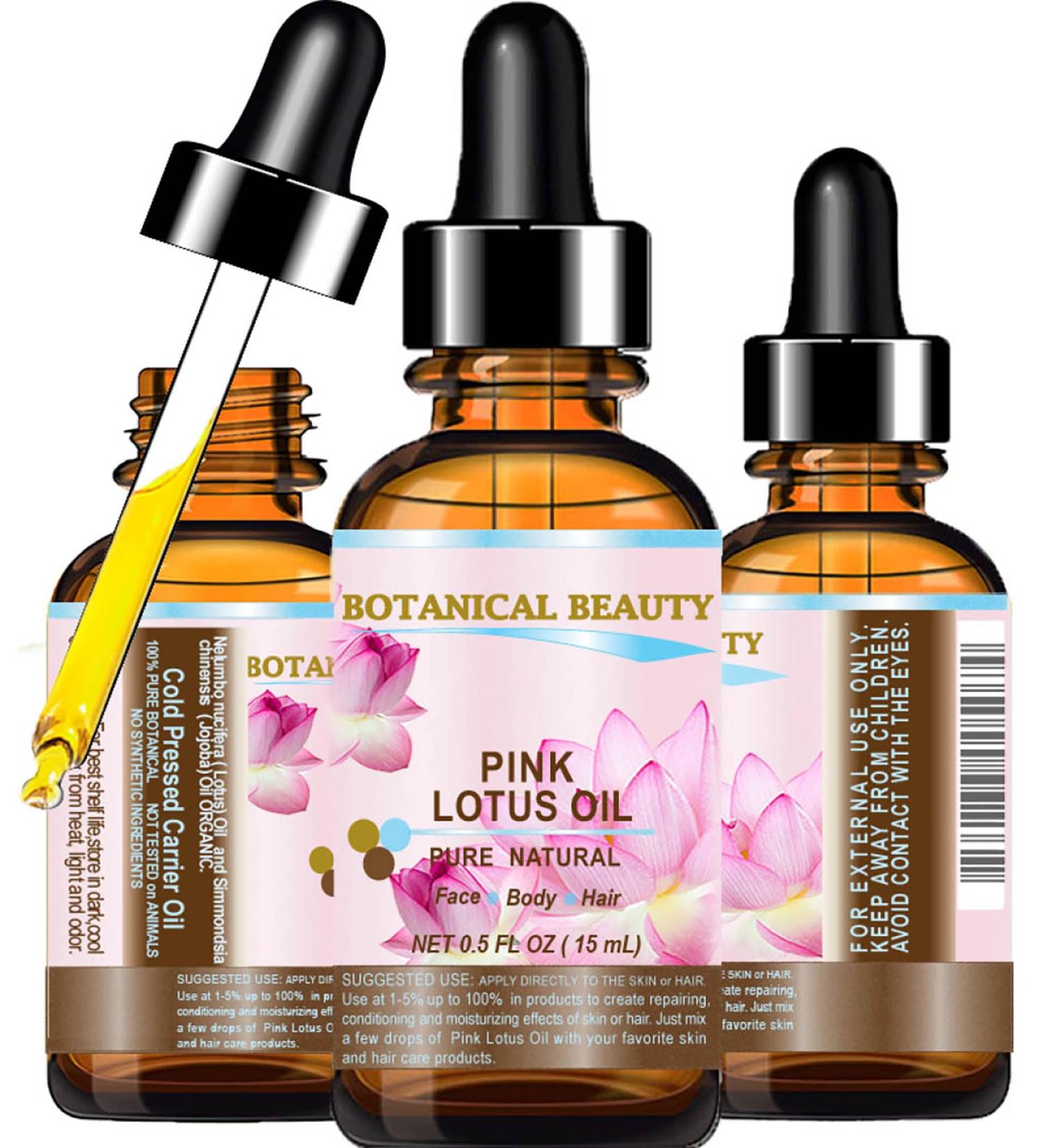 PINK LOTUS OIL Pure Natural 0.5 fl oz - 15ml. for Face Skin Hair Anti Aging Face Oil rich in natural source of Vitamin C by Botanical beauty