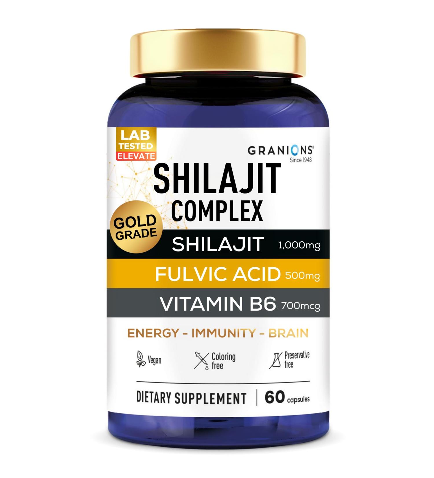 Granions Pure Shilajit for Men Capsules - Fulvic Acid Supplement 1 000mg Himalayan Shilajit with Vitamin B6 - Ultra Energy Vitality & Brain Support for Men and Women Supplements - 60 Capsules Unflavored 60 Count (Pack of 1) - Buy Online on GoSupps.com