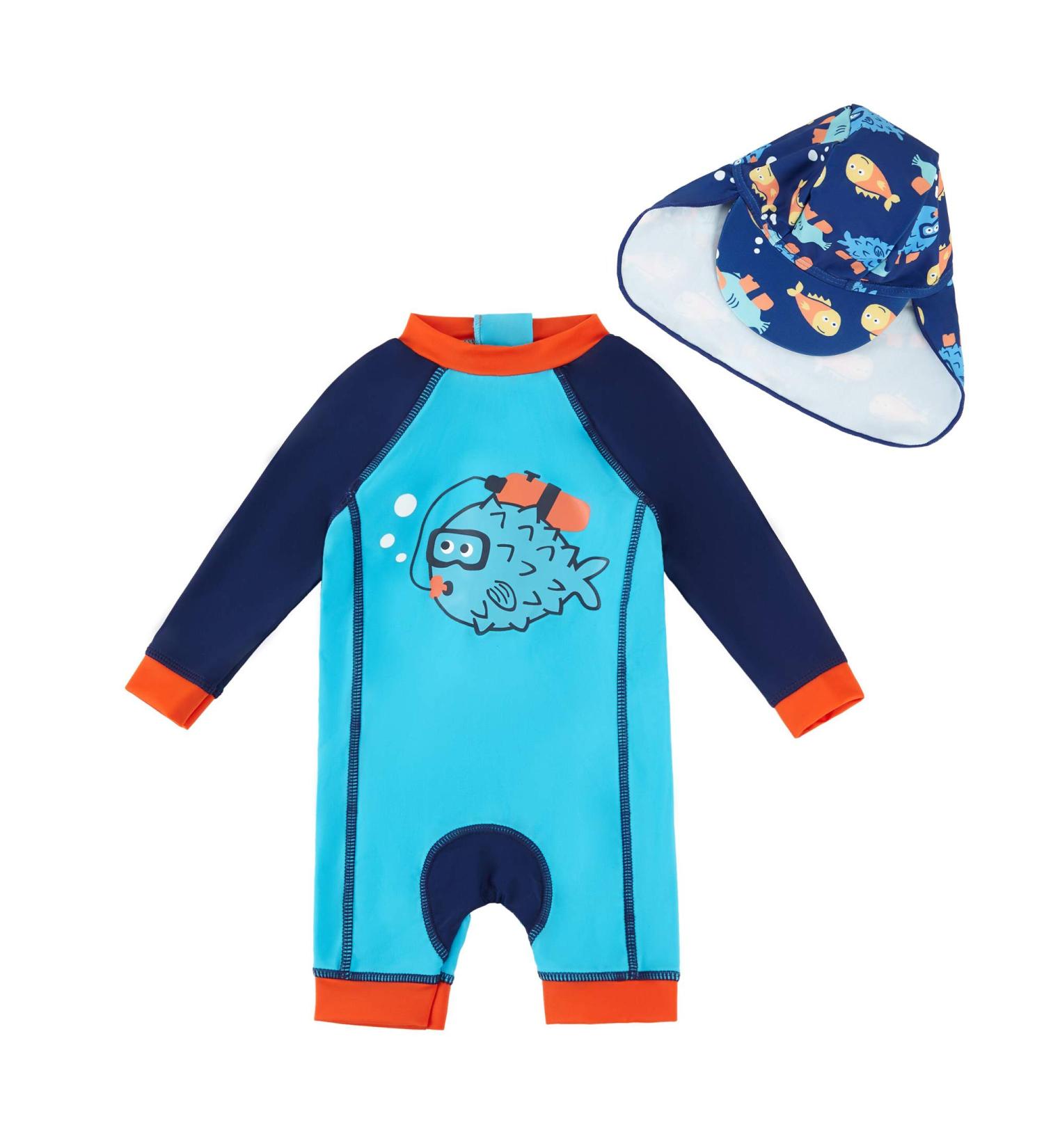 UPF 50+ Baby Boy Swimwear Set with Sun Hat | Infant/Toddler One Piece Zip Swimsuit | 18-24 Months Blue Fish Design - Buy Online on GoSupps.com