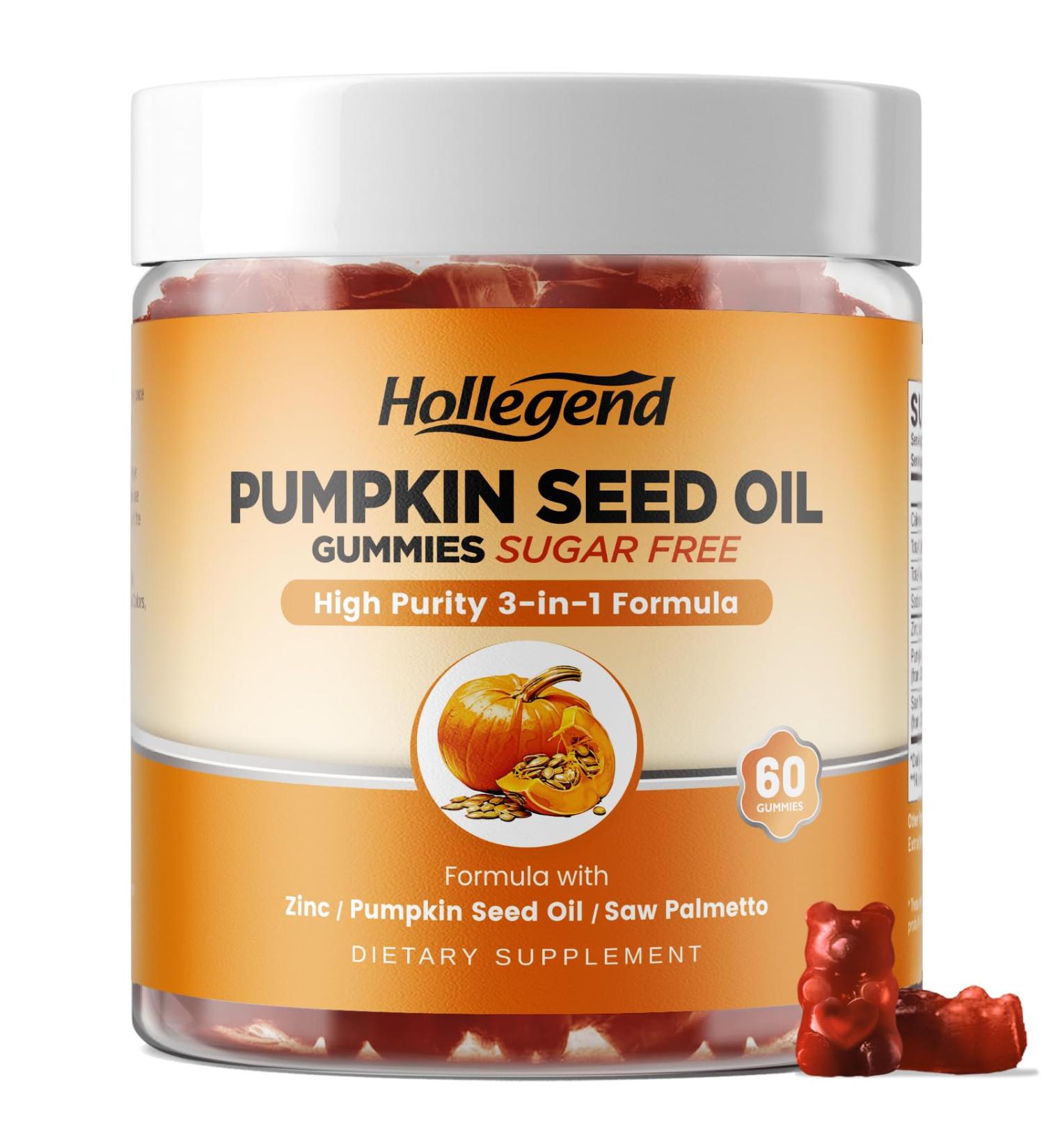 HOLLEGEND Pumpkin Seed Oil Gummies with Saw Palmetto, Pumpkin Seed Oil Extract for Hair Growth & Prostate Health, Cold-Pressed Supplements for Women Men, Vegan, Sugar Free, Lemon, 60 Chewable - Buy Online on GoSupps.com