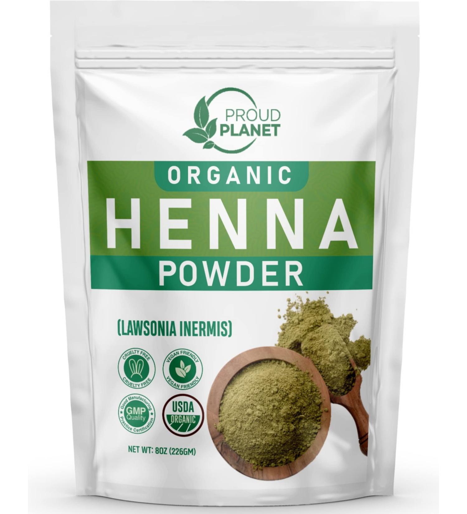 USDA Certified Organic Henna Powder for Hair Dye - 8oz | Natural Lawsonia Inermis Mehndi Powder by Proud Planet - Buy Online on GoSupps.com