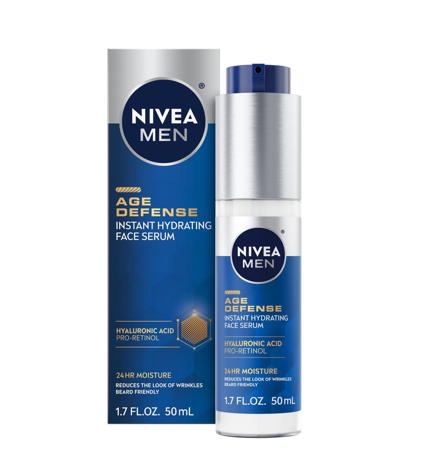 NIVEA MEN Age Defense Instant Hydrating Face Serum for Dry Skin With Pro-Retinol and Hyaluronic Acid Facial Serum Helps Reduce Look of Fine Lines and Wrinkles 1.7 Fl Oz Bottle - Buy Online on GoSupps.com