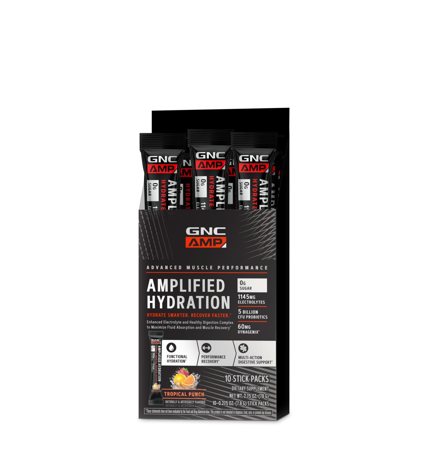 GNC AMP Amplified Hydration Electrolyte Powder Drink Mix | Enhanced Electrolyte & Healthy Digestion Complex | Tropical Punch | 10 Count Tropical Punch 1 Ounce (Pack of 1) - Buy Online on GoSupps.com