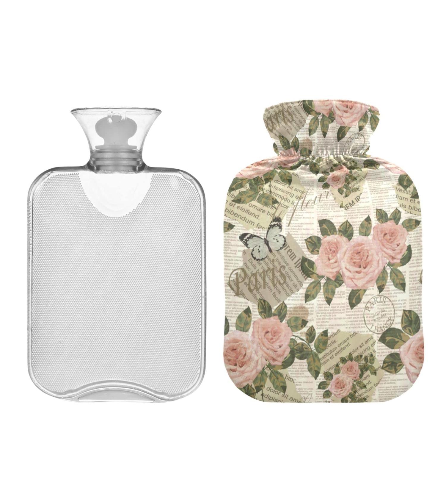 Hot Water Bottle 2L with Vintage Newspaper Roses Cover - Ideal for Pain Relief & Winter Warmth | International Shipping Available - Buy Online on GoSupps.com