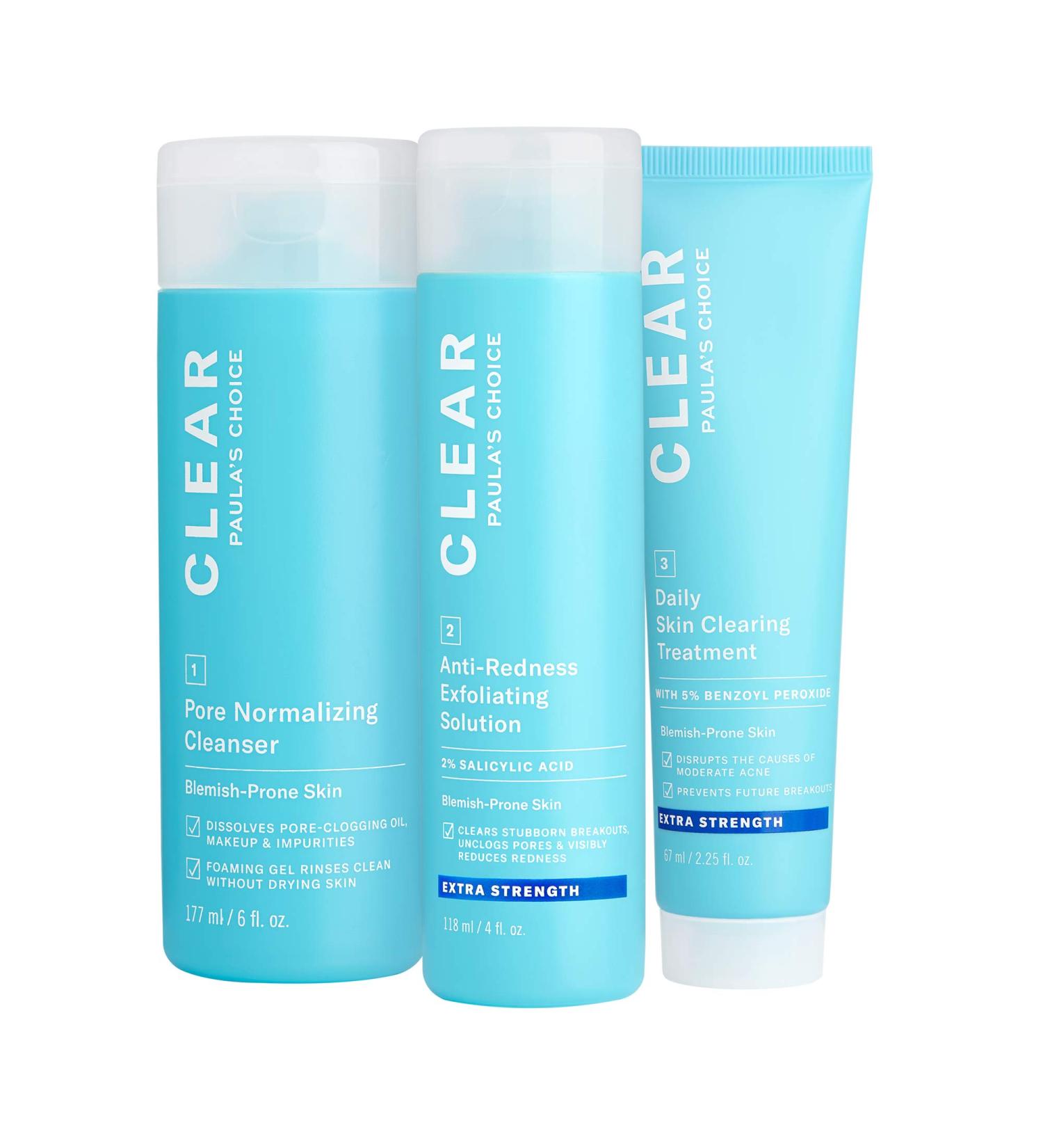 Paula's Choice CLEAR 3-Piece Acne Kit Includes Daily Cleanser 2% Salicylic Acid Exfoliant & Benzoyl Peroxide Treatment Prevents & Treats Mild to Severe Acne & Breakouts Fragrance-Free Set of 3 Full Size - Extra Strength - Buy Online on GoSupps.com