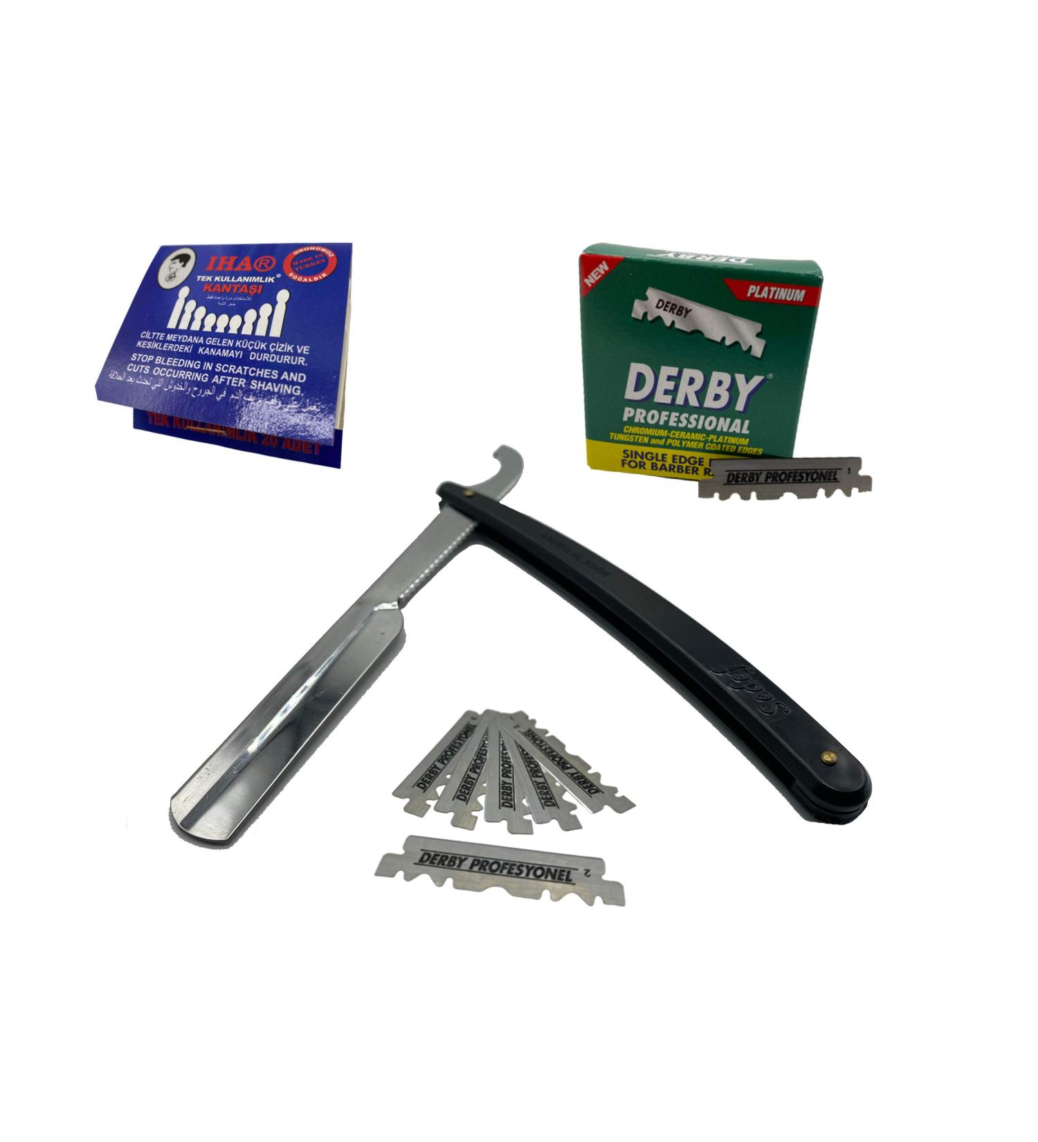 Hairtown razor-set |Sedef Ustura Bartschneider |100 derby razor blades |20 Iha alum bloodstiller ignition wood shape |Exchange blade knife with replacement blades men |Bloodstill pencil |(Black)