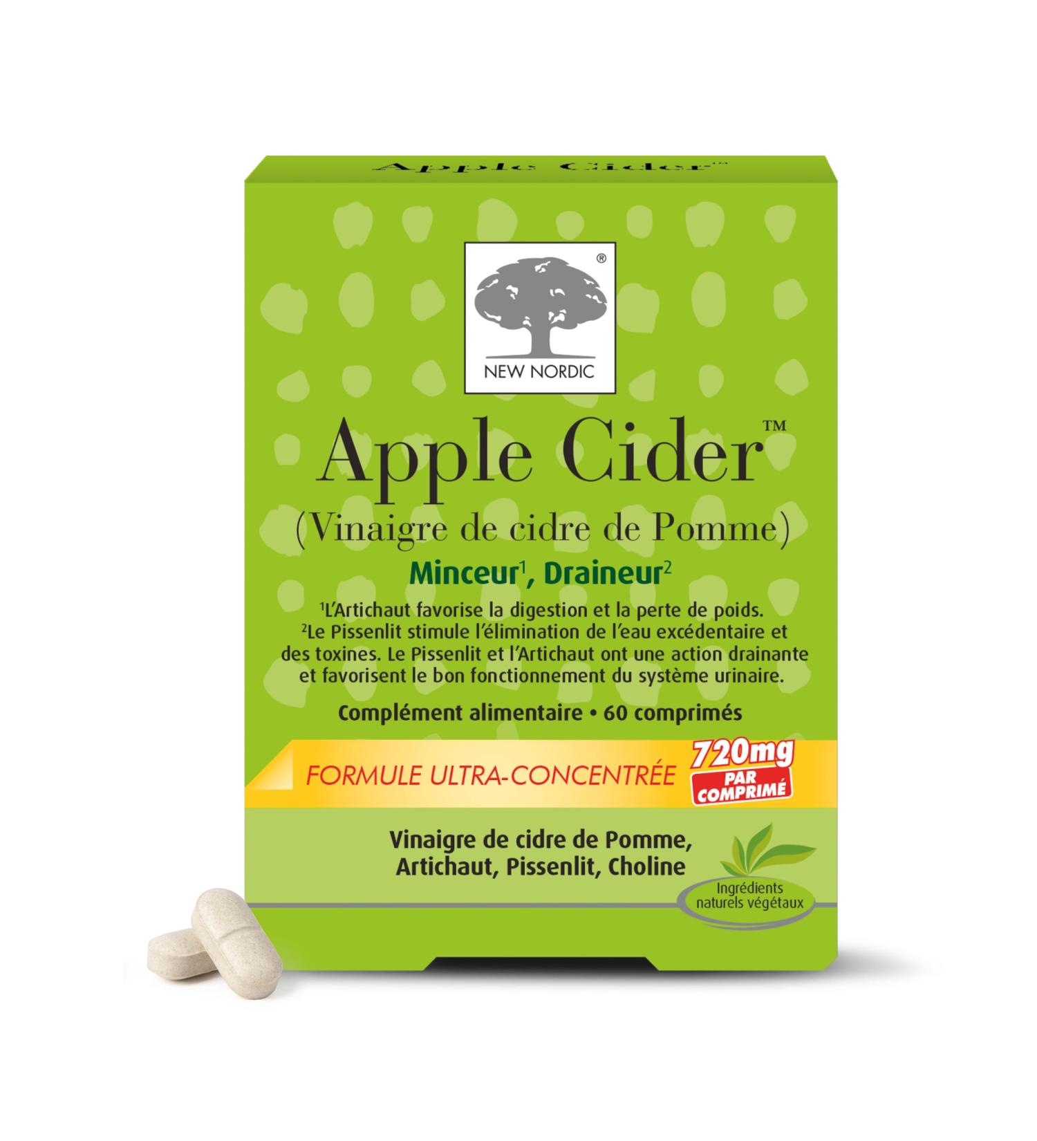 New Nordic - Apple Cider - Slimming and Draining Food Supplement - Apple Cider Vinegar Artichoke Dandelion and Choline - 60 Tablets - 20 to 30 Days - Buy Online on GoSupps.com