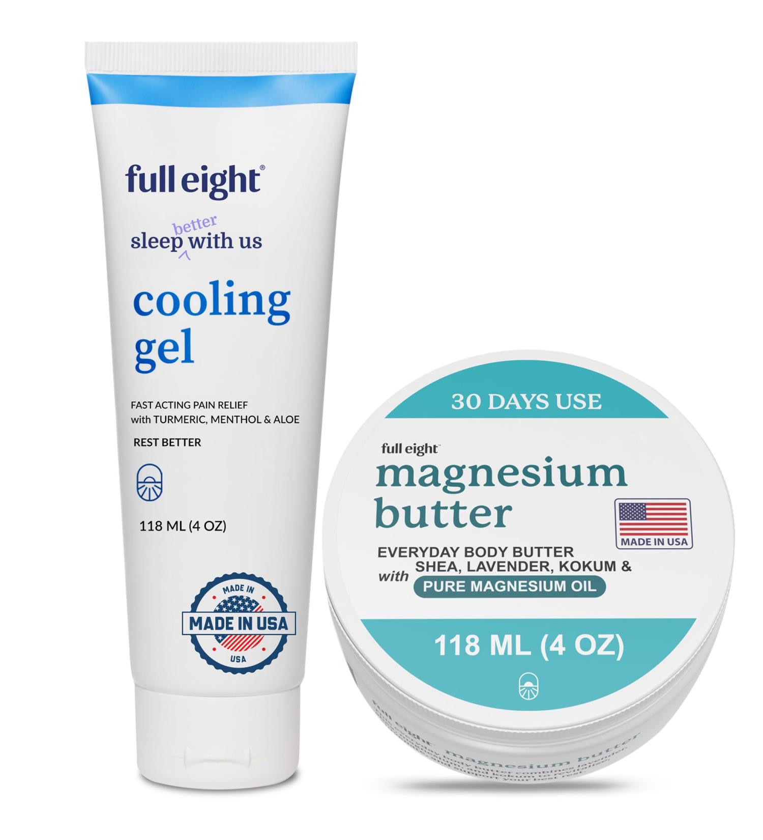 Full Eight Magnesium Body Butter and Fast Acting Cooling Gel Bundle - Calming and Sleep Supporting - Fast Absorbing Deep Penetrating Moisturizing and Calming - Daily and Nightly Creams (4oz each) - Buy Online on GoSupps.com