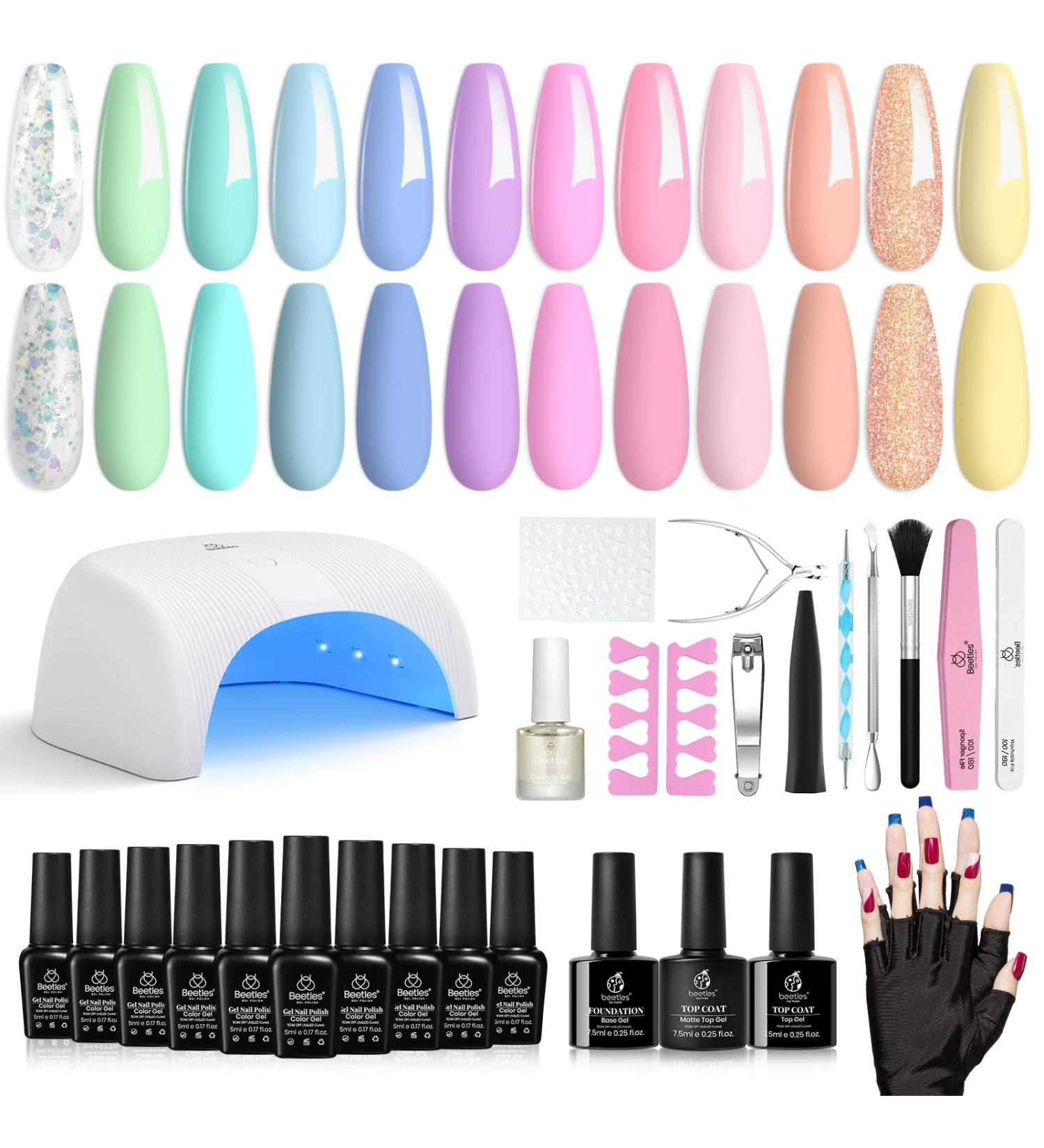 Beetles Gel Nail Polish Starter Kit - 12 Spring Pastel Colors with UV Light, Base & Top Coat, Cuticle Oil - Macaroon Gel Polish Set - 2023 Spring Trend - Nail Art DIY - Buy Online on GoSupps.com