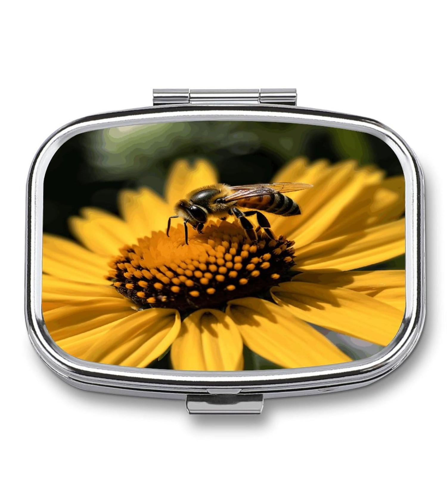 Meta Title: "Yellow Flower & Black Bee Print Pill Box - 2 Compartment Decorative Metal Pill Organizer for Pocket & Purse - International Shipping - Buy Online on GoSupps.com