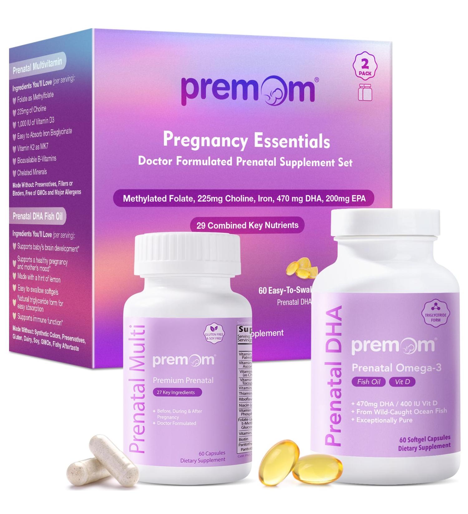 Premom Prenatal Vitamins for Women & Prenatal DHA Fish Oil - Conception for Her Multivitamin: 27 Nutrients + Triglyceride Omega 3 with 470mg DHA - Fertility Support for Women - Buy Online on GoSupps.com