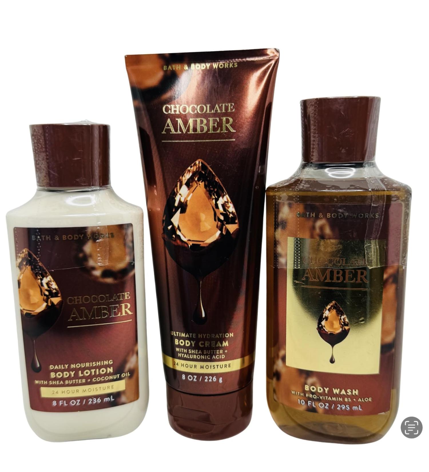 Bath & Body Works Body Chocolate Amber Gel Wash Body Lotion and Ultimate Hydration Body Cream 3 Piece Set