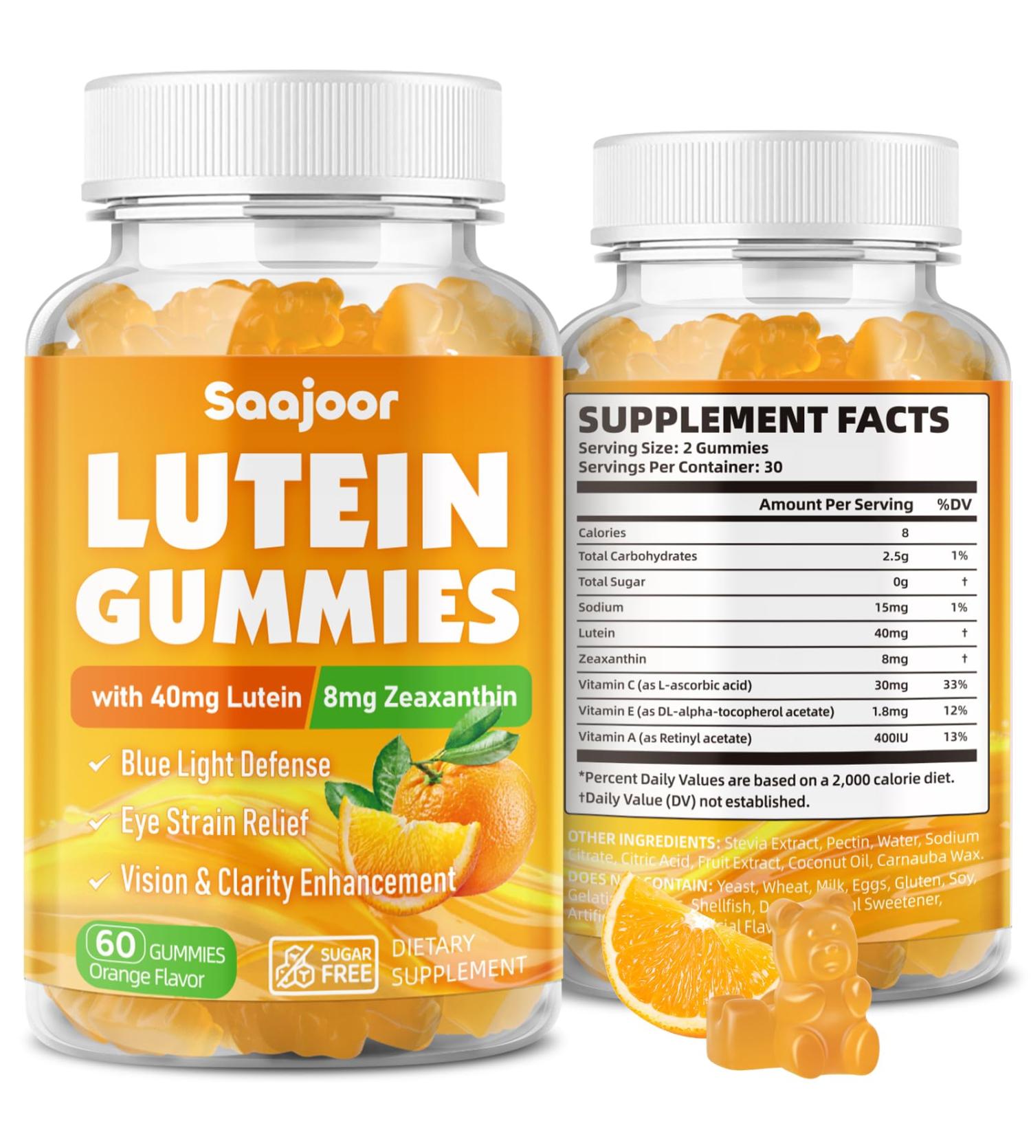 Saajoor Lutein & Zeaxanthin Gummies - Eye Vitamin Supplement with 40mg Lutein & 8mg Zeaxanthin to Support Macular Vision & Overall Eye Health Naturally Orange Flavor 60 Count - Buy Online on GoSupps.com