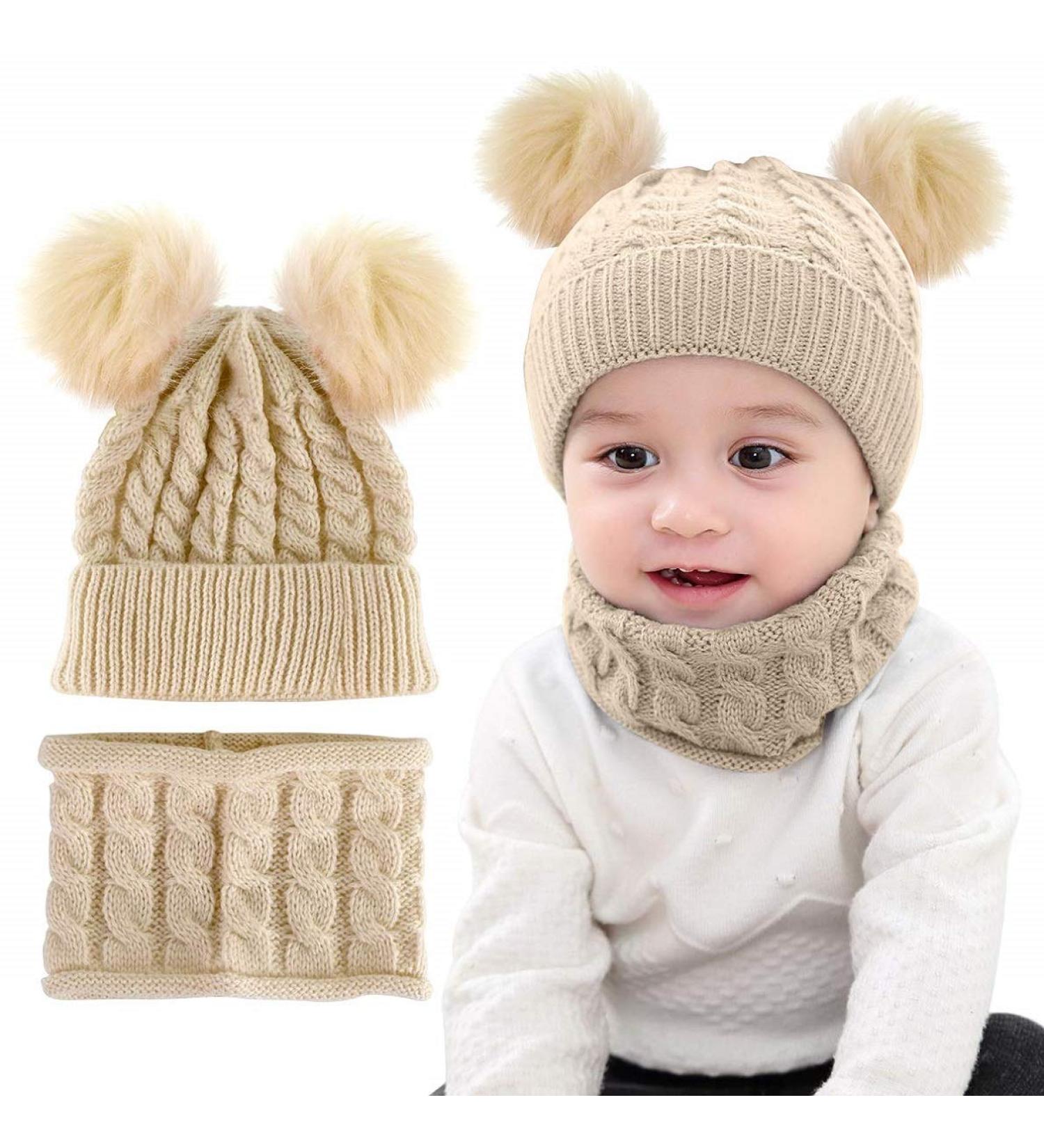 CheChury Toddler Hat and Scarf Set - Baby Knit Pom Beanie Cap with Circle Loop Scarf - 1-3 Years - Beige - Buy Online on GoSupps.com