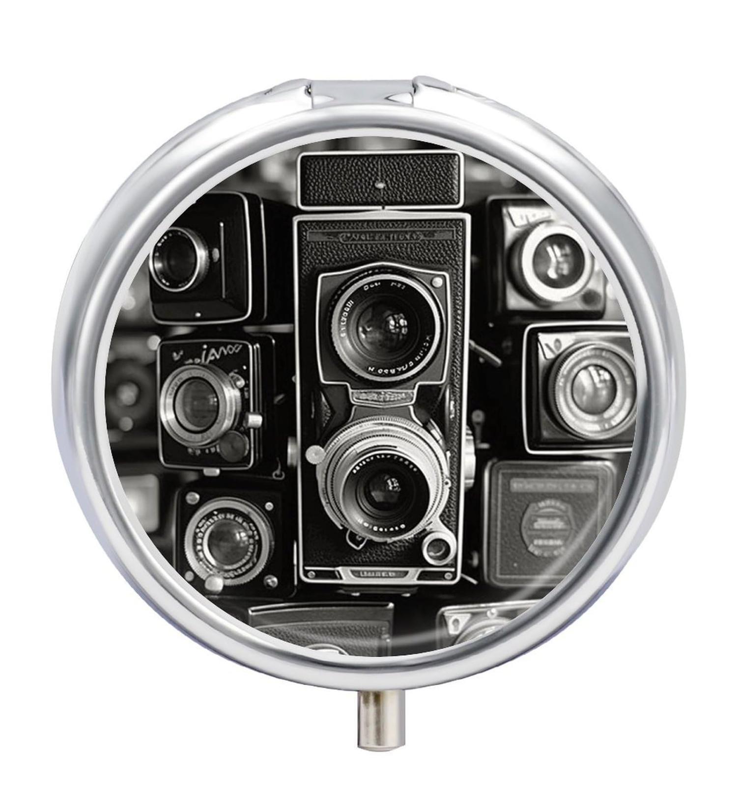 Vintage Camera Print Round Pill Box | 3 Compartment Portable Pill Organizer | Decorative Metal Pocket Case for Medicine - Buy Online on GoSupps.com