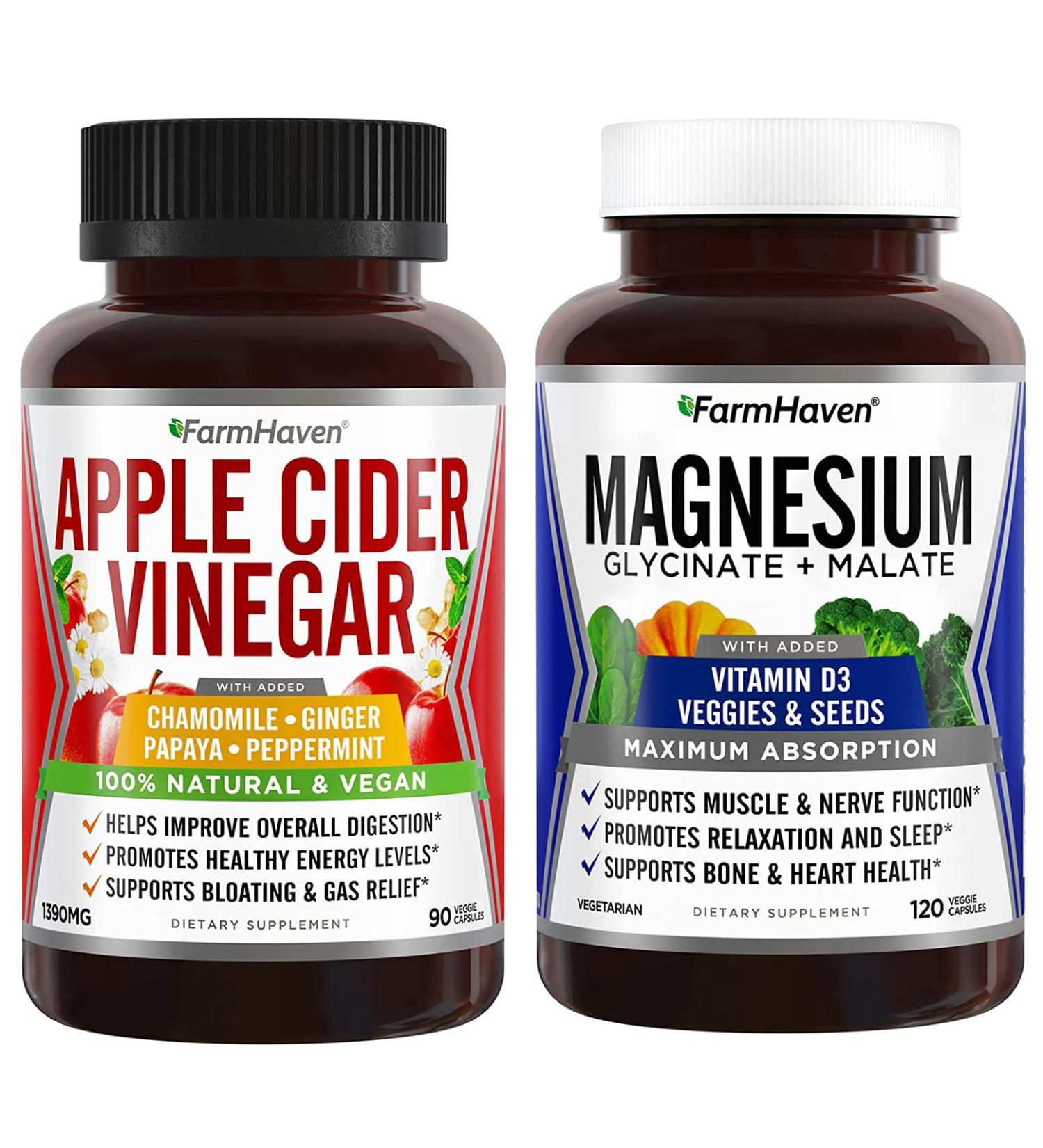 FarmHaven Apple Cider Vinegar Capsules with Ginger, Papaya, Chamomile | 90 Capsules + Magnesium Glycinate & Malate Complex with Vitamin D3 | 120 Capsules - Buy Online on GoSupps.com