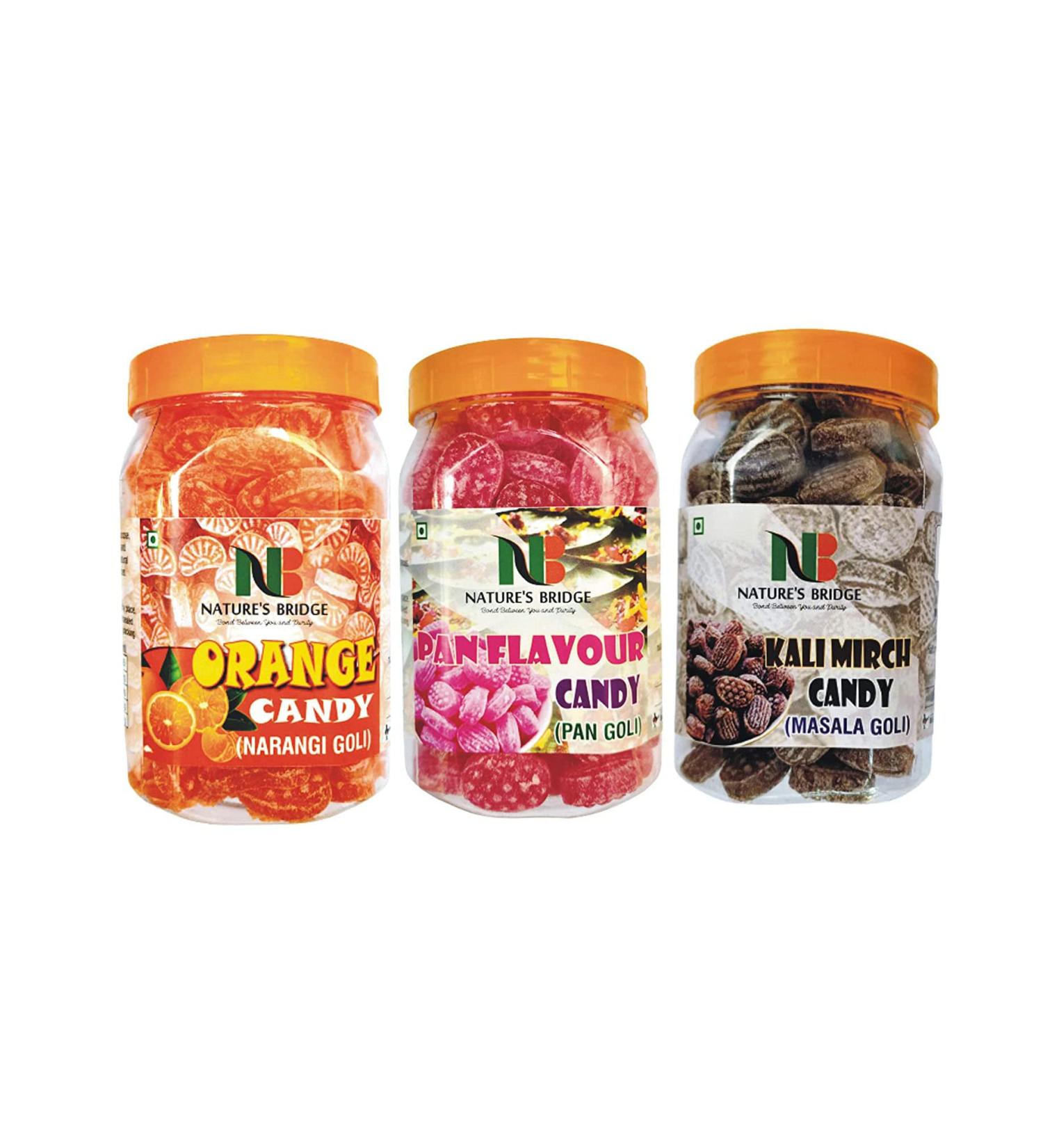 Nature's Bridge Sweet Hard Candy (Orange Mix Kalimirch Masala Flavour) Combo Jar Pack of 3 Each 300 Gm/Orange Candy/Mix Candy/Kalimrich Masala Candy - 900 Gm_Packing May Vary - Buy Online on GoSupps.com