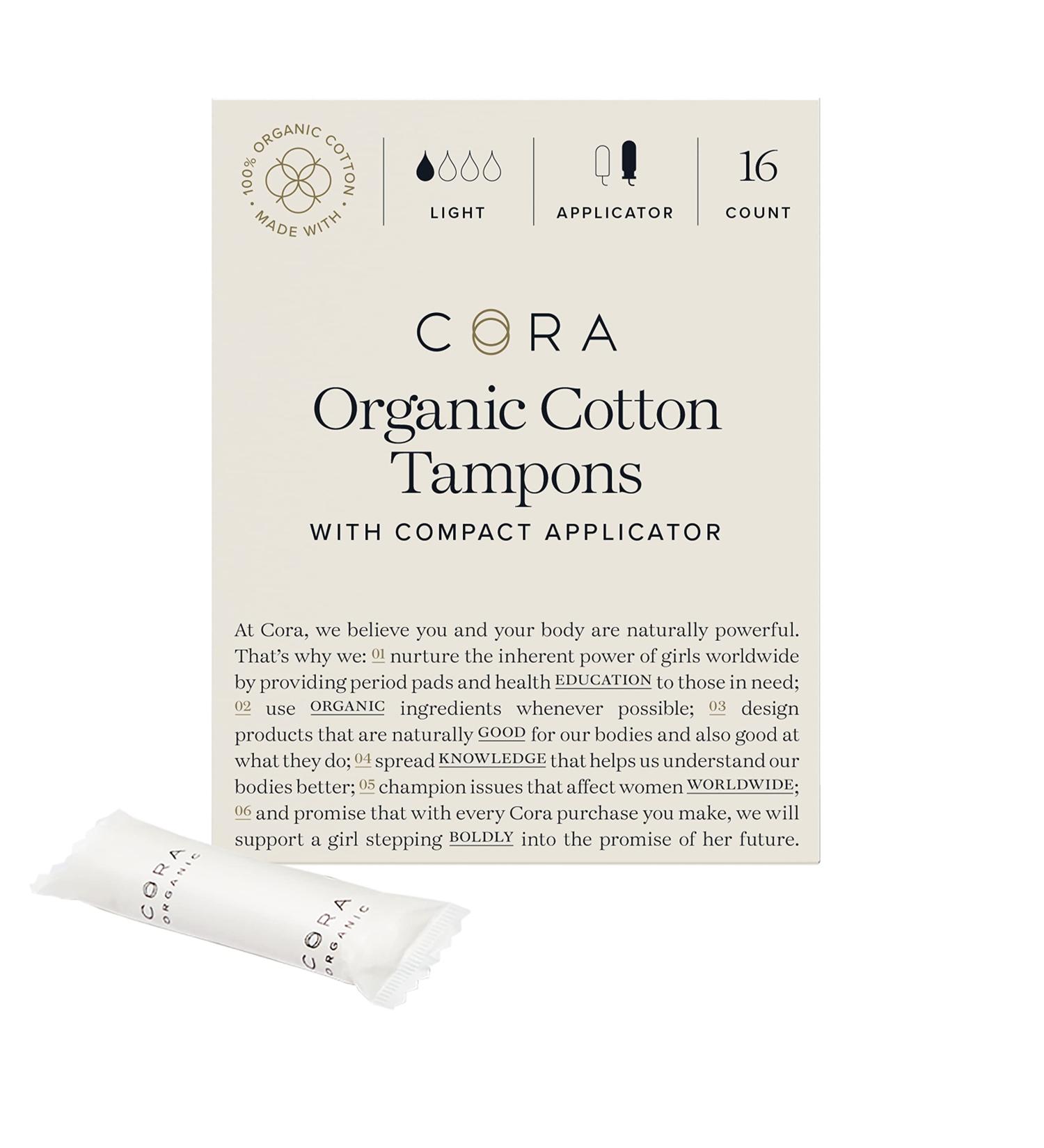 Cora Organic Light Tampons - 100% Cotton Core, BPA-Free Compact Applicator - Unscented & Non-Toxic - Leak Protection, Easy Insertion - 16 Count - Buy Online on GoSupps.com