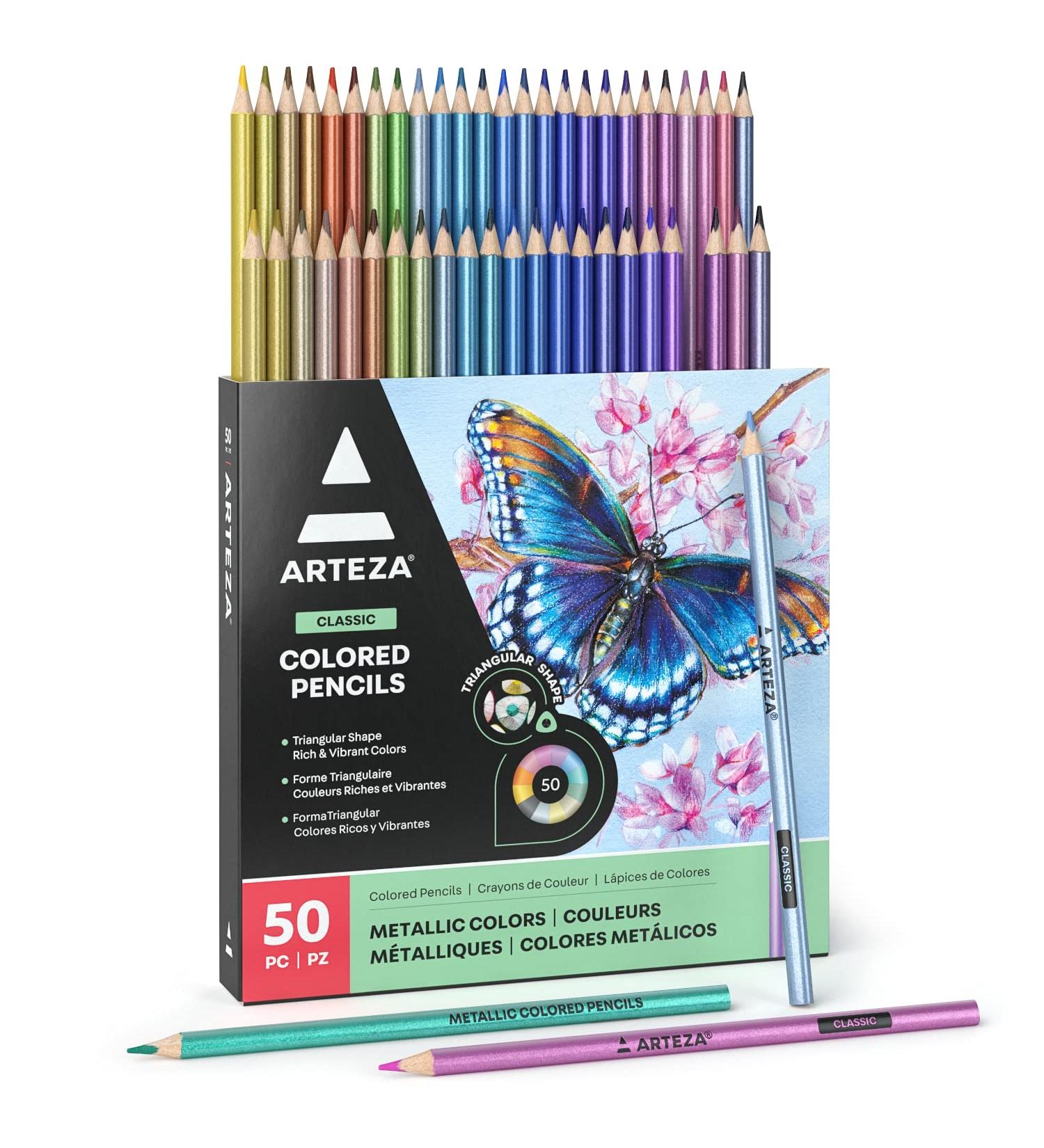 ARTEZA Metallic Colored Pencils - Set of 50 Triangular Grip Drawing Pencils - Buy Online on GoSupps.com
