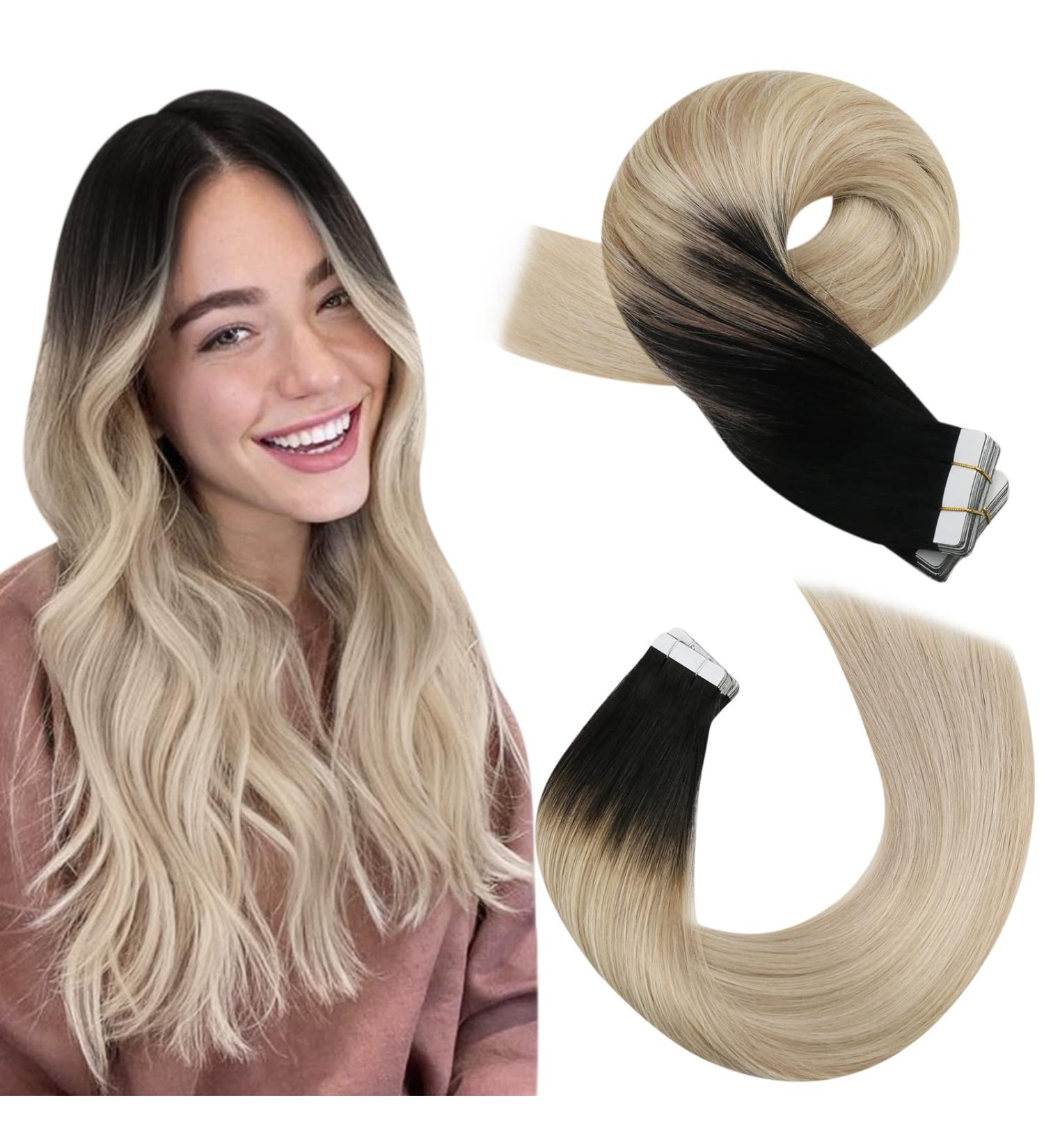 Moresoo Human Hair Extensions Tape in Balayage #1B/18/60 20 Inch - Natural Black to Ash Blonde with Platinum Blonde Highlights - 20 Pieces/50g - Buy Online on GoSupps.com