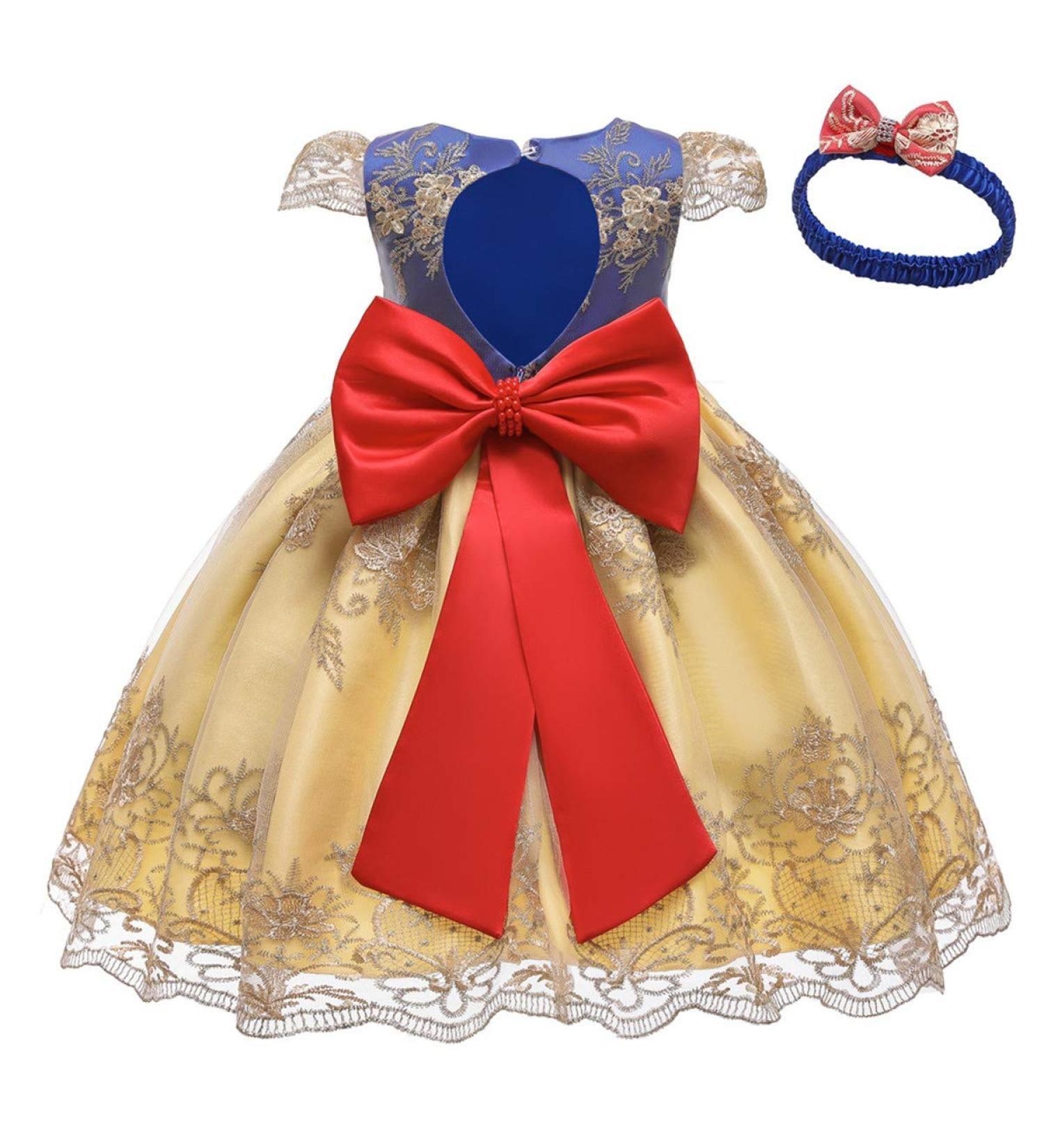 Myrisam Girls Birthday Party Dress with Headwear | Princess Embroidery Bowknot Gown for Christening & Baptism | Size 6-7 Years | Yellow - Buy Online on GoSupps.com