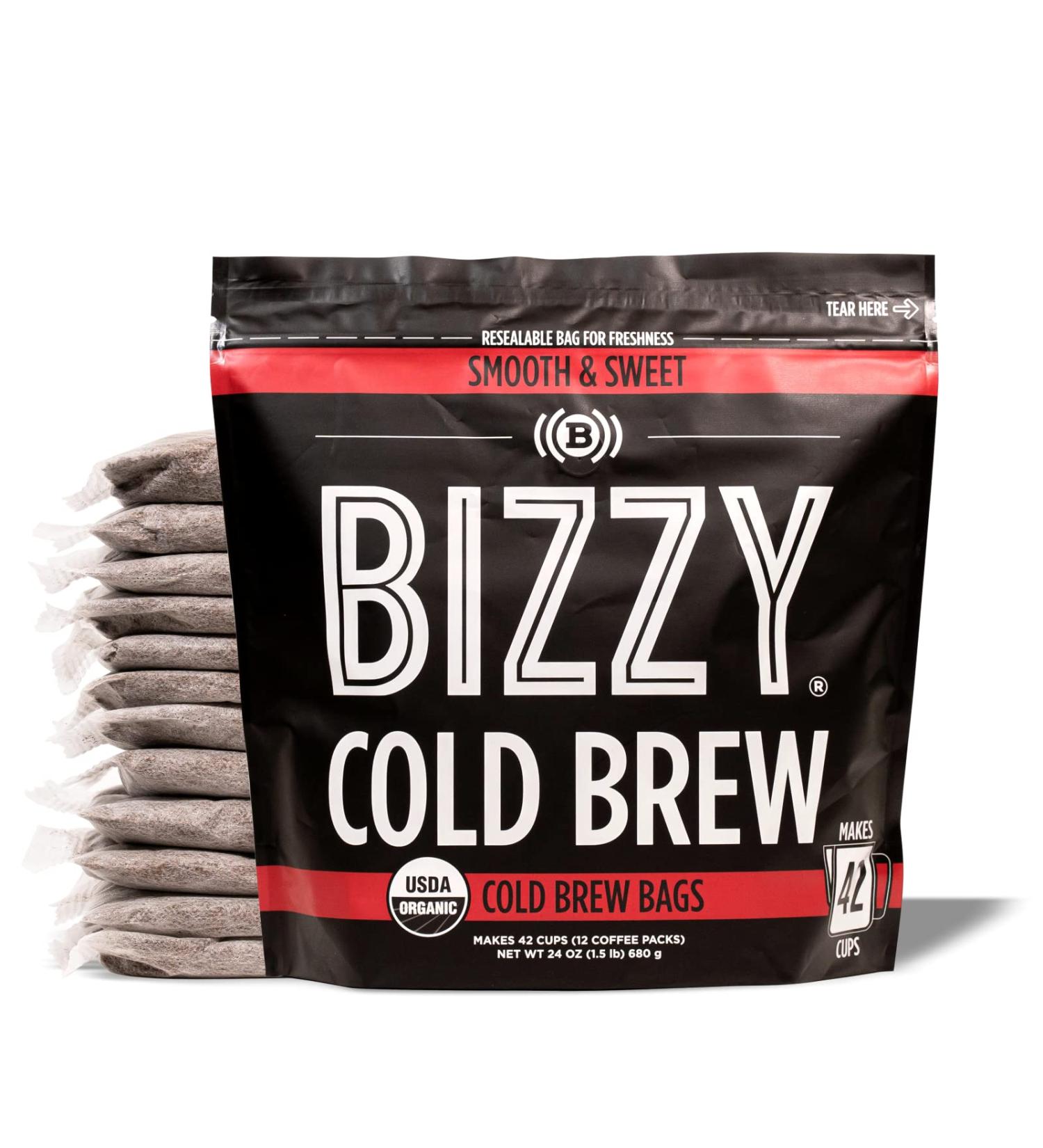 Bizzy Organic Cold Brew Coffee Brew Bags - Smooth & Sweet Blend - 12 Count - Specialty Grade Arabica - Makes 42 Cups - Buy Online on GoSupps.com