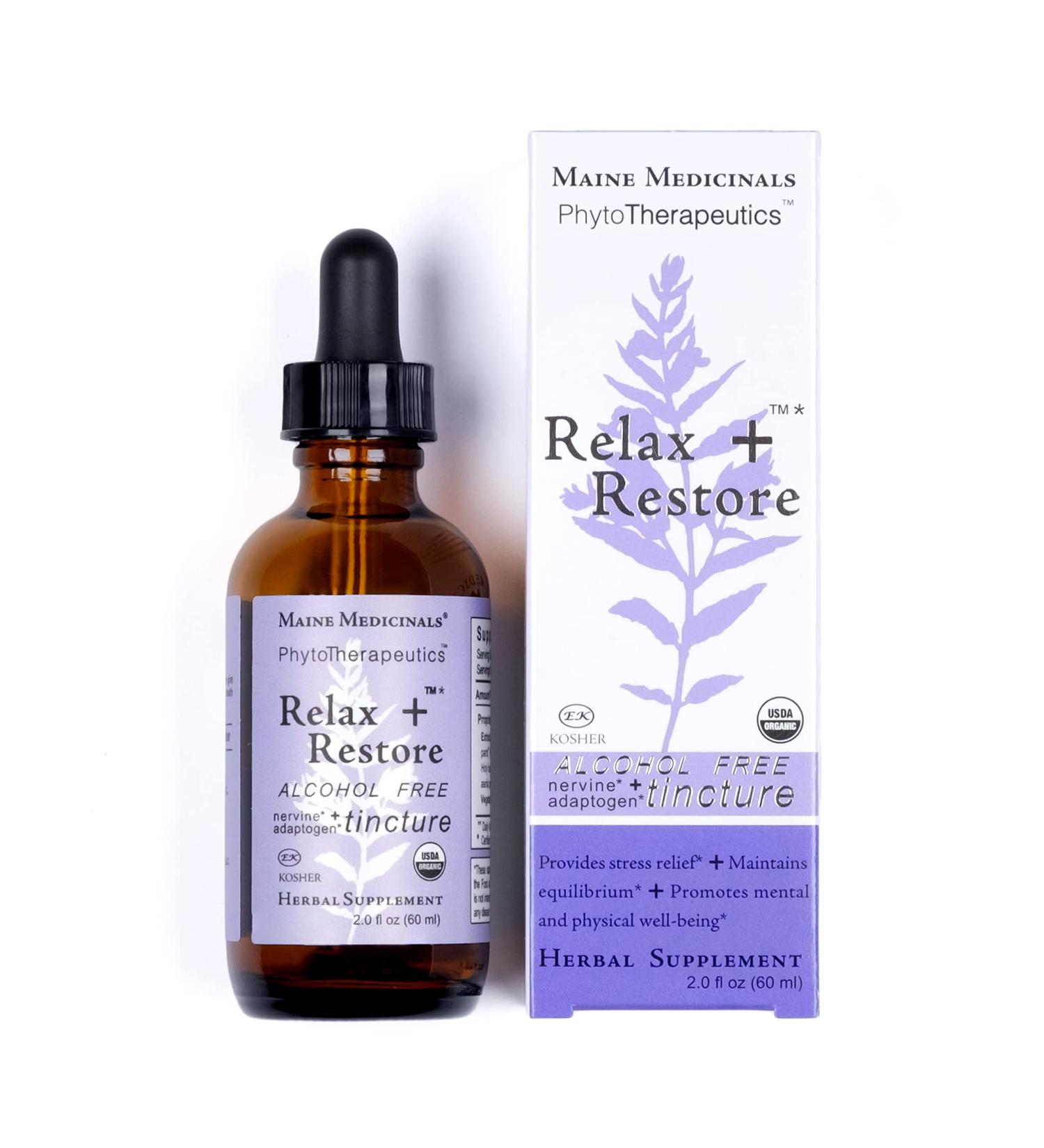 Maine Medicinals Relax + Restore Alcohol-Free Herbal Stress Support- with Nervines and Adaptogens for Healthy Calm* Certified Organic - 2 floz (60 Servings) - Buy Online on GoSupps.com