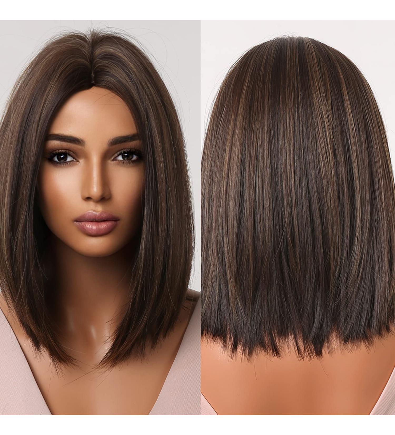 Allbell Brown Bob Wig with Blonde Highlights - Short Straight Synthetic Hair Middle Part for Women - Buy Online on GoSupps.com