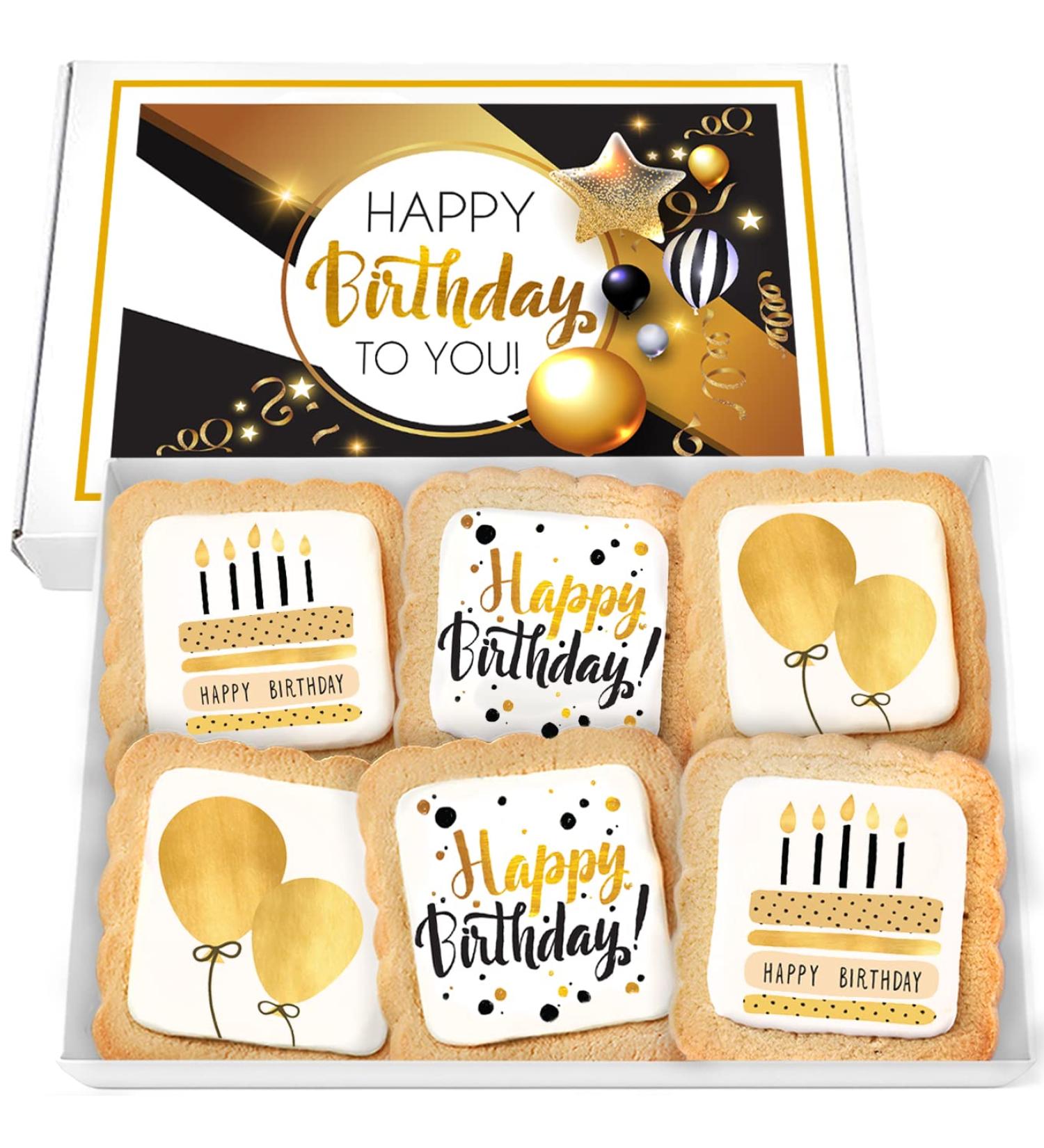 Happy Birthday Cookies 6 PACK Gift Basket Gold | Gourmet Decorated Sugar Cookies | Nut-Free & Individually Wrapped | Perfect Gift for Men, Women & Kids - Buy Online on GoSupps.com