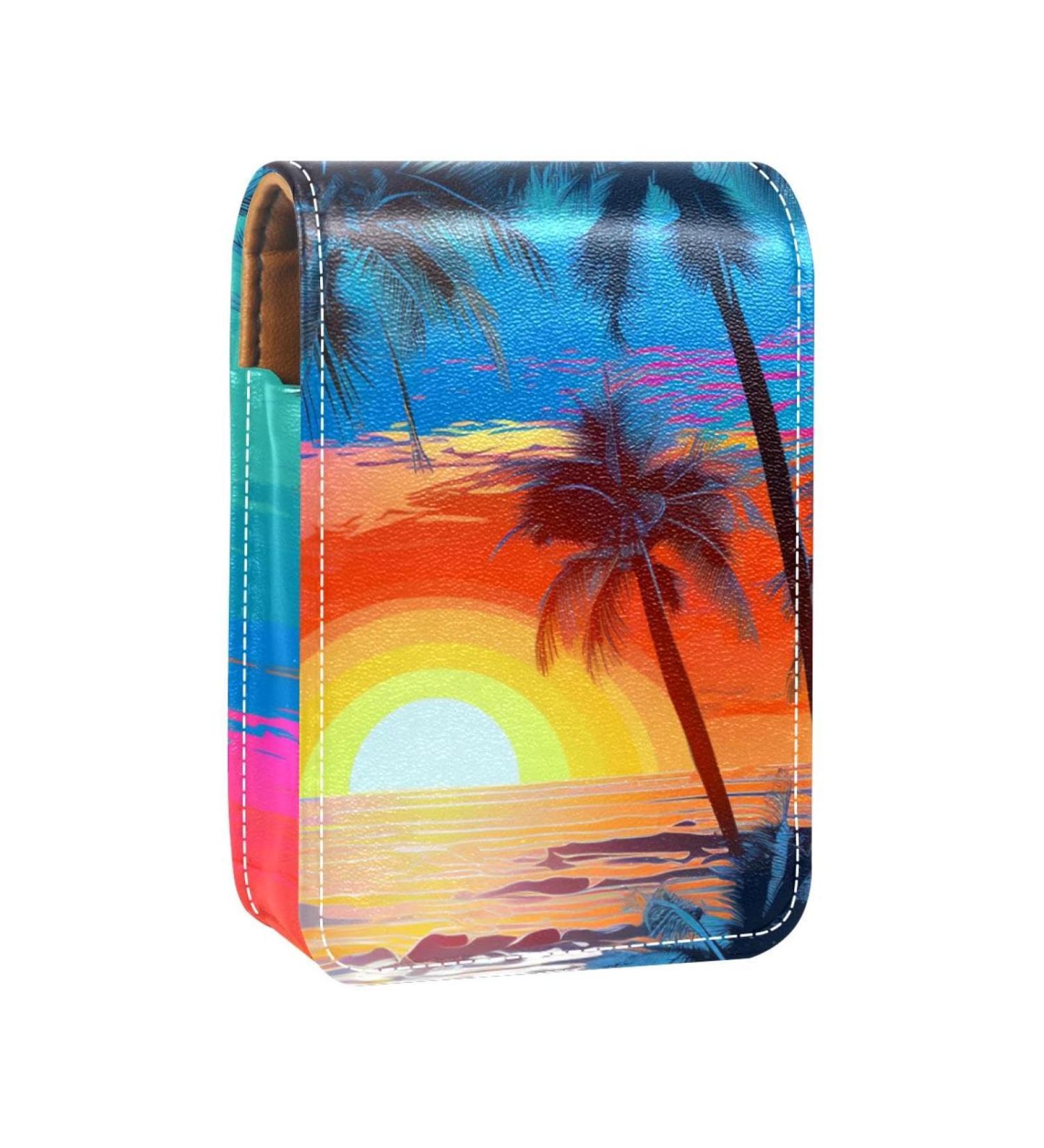 Stylish Leather Lipstick Case with Mirror - Mini Lip Gloss Organizer | Colorful Tropical Tree Sunset Design - Buy Online on GoSupps.com