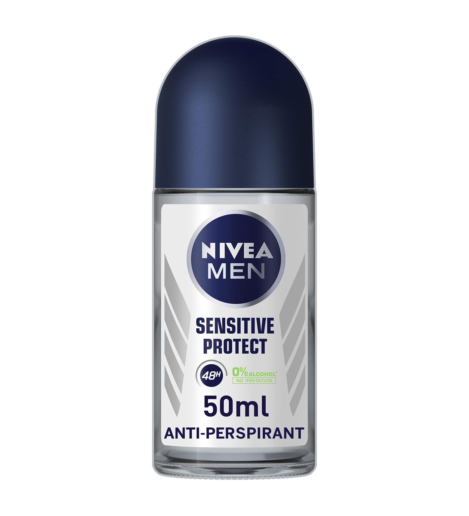 NIVEA MEN Sensitive Protect Antiperspirant Deodorant Pack of 6 (6 x 50 ml) Men's Deodorant with 0 Percent Alcohol 48 Hour Antiperspirant for Men Roll Deodorant Chamomile 40 ml (Pack of 6)