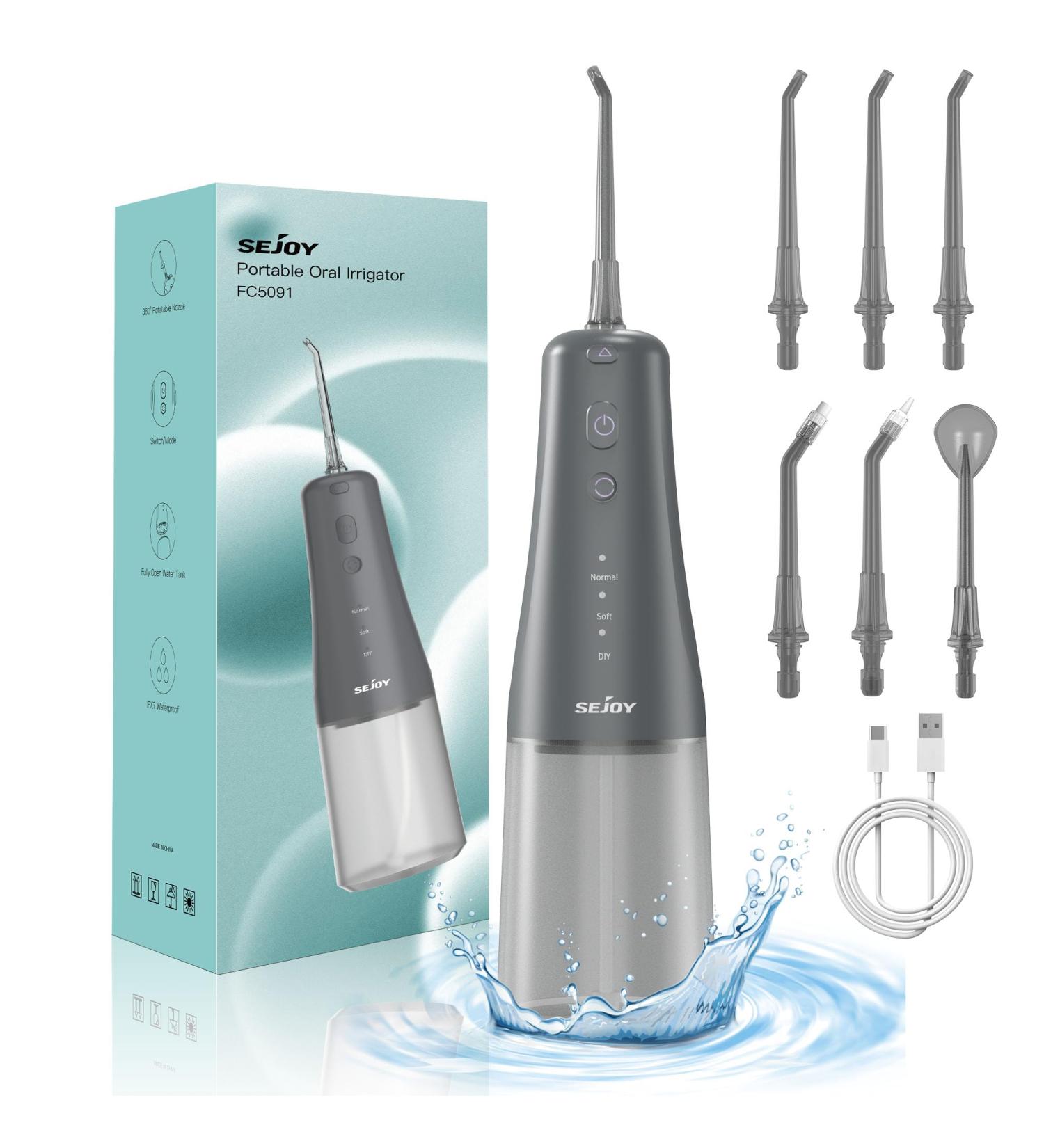 Cordless Portable Water Flosser with 4 Modes and 6 Tips - Professional Electric Teeth Cleaning Kit for Oral Care - 300mL Water Tank - Gray - Buy Online on GoSupps.com