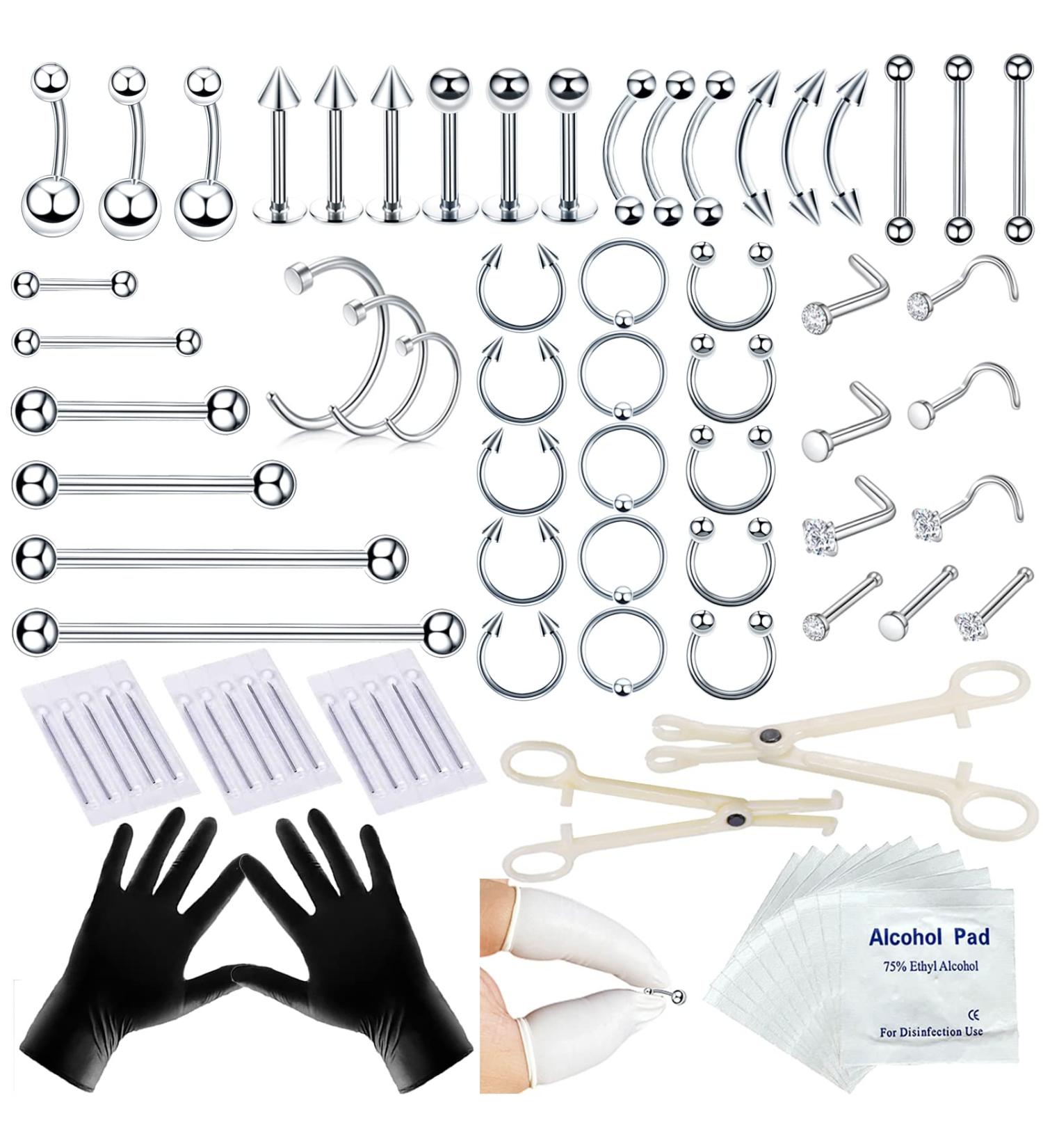 Tustrion 80PCS Stainless Steel Nose Piercing Kit | 12G 14G 16G Needles for Ear, Cartilage, Tragus, Septum, Lip, Eyebrow | Body Piercing Jewelry Set - Buy Online on GoSupps.com